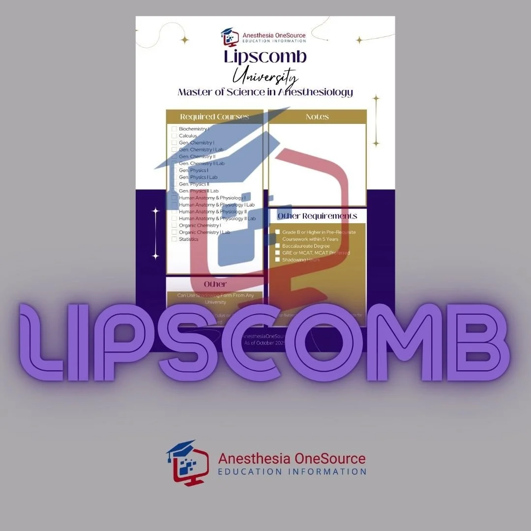 Lipscomb University has published their admissions requirements!

Checklist available in the Shop now!

www.AnesthesiaOneSource.com/shop

#anesthesiologistassistants #anesthesiologistassistant #CAA #certifiedanesthesiologistassistant #anesthesia #ane
