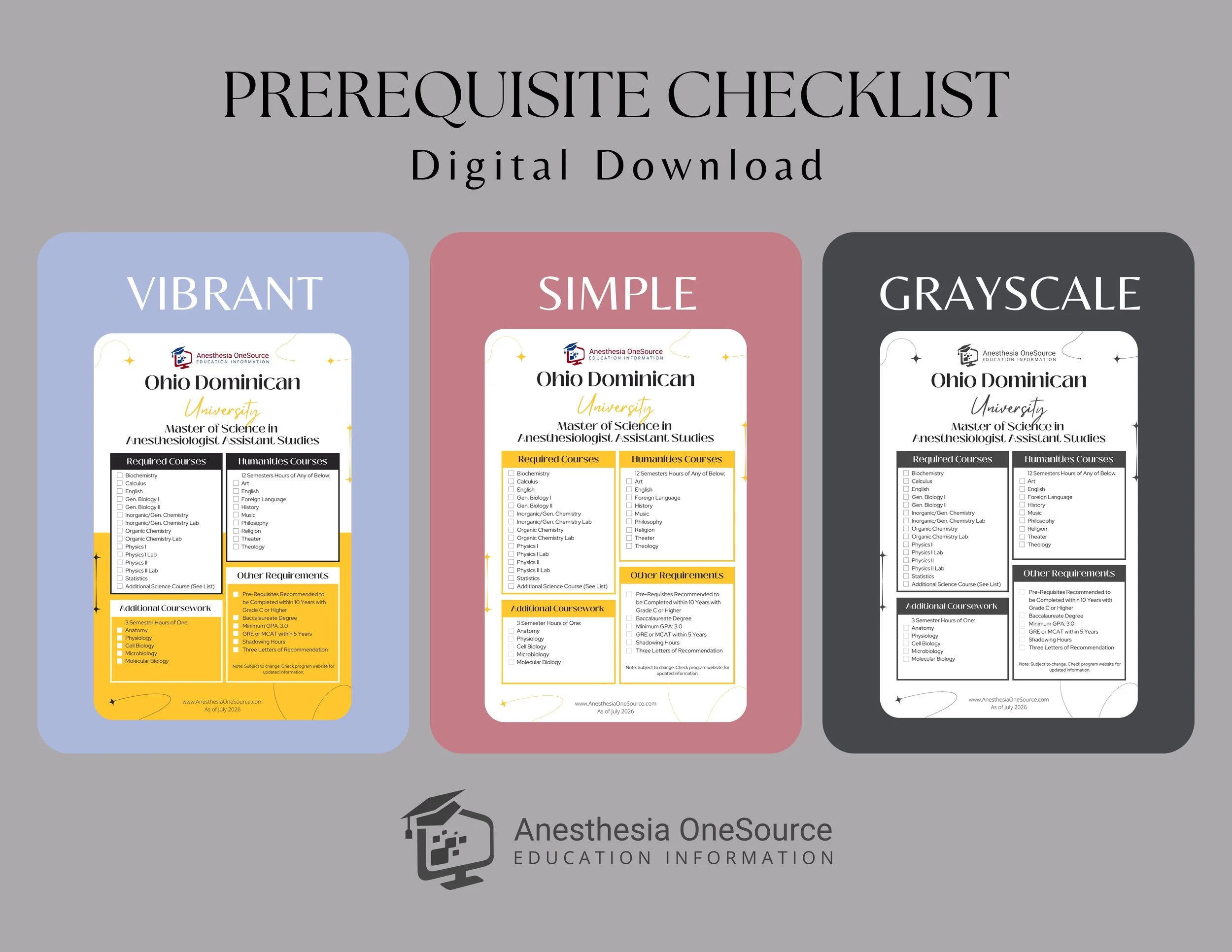 Ohio Dominican University Anesthesiologist Assistant Prerequisite Checklist