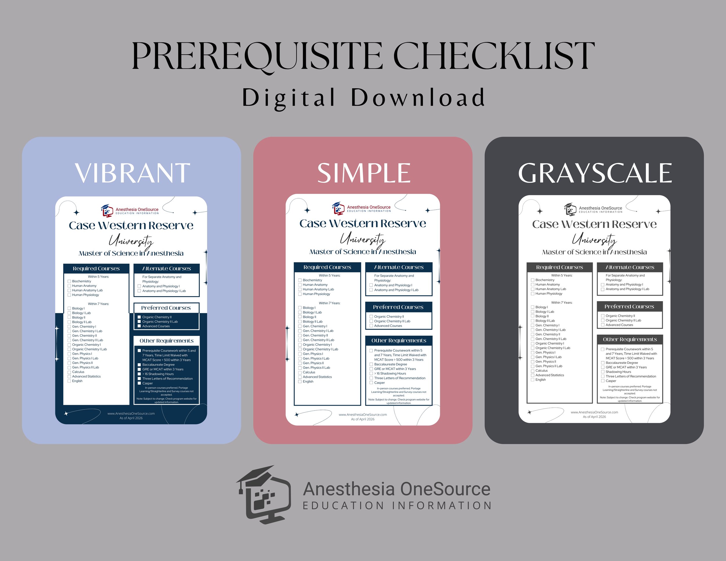 Case Western Reserve University Anesthesiologist Assistant Prerequisite Checklist
