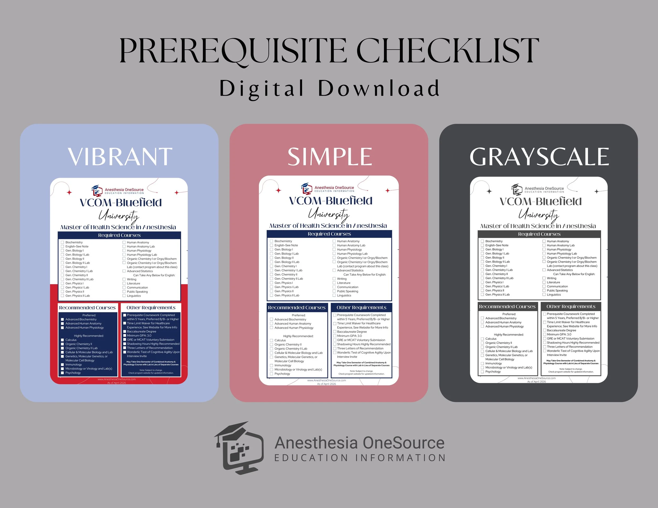 Edward Via College of Osteopathic Medicine (VCOM) and Bluefield University Anesthesiologist Assistant Prerequisite Checklist