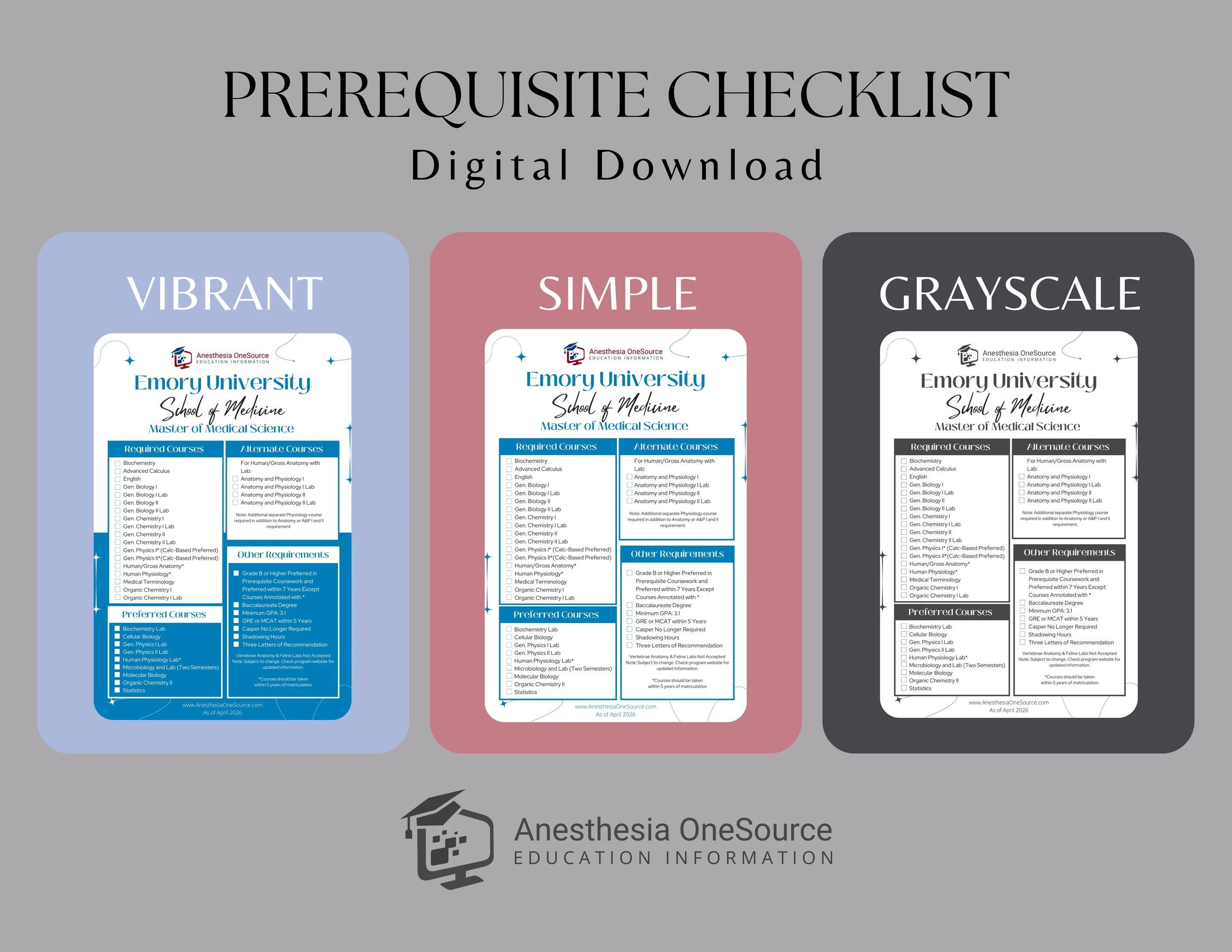 Emory University School of Medicine Anesthesiologist Assistant Prerequisite Checklist
