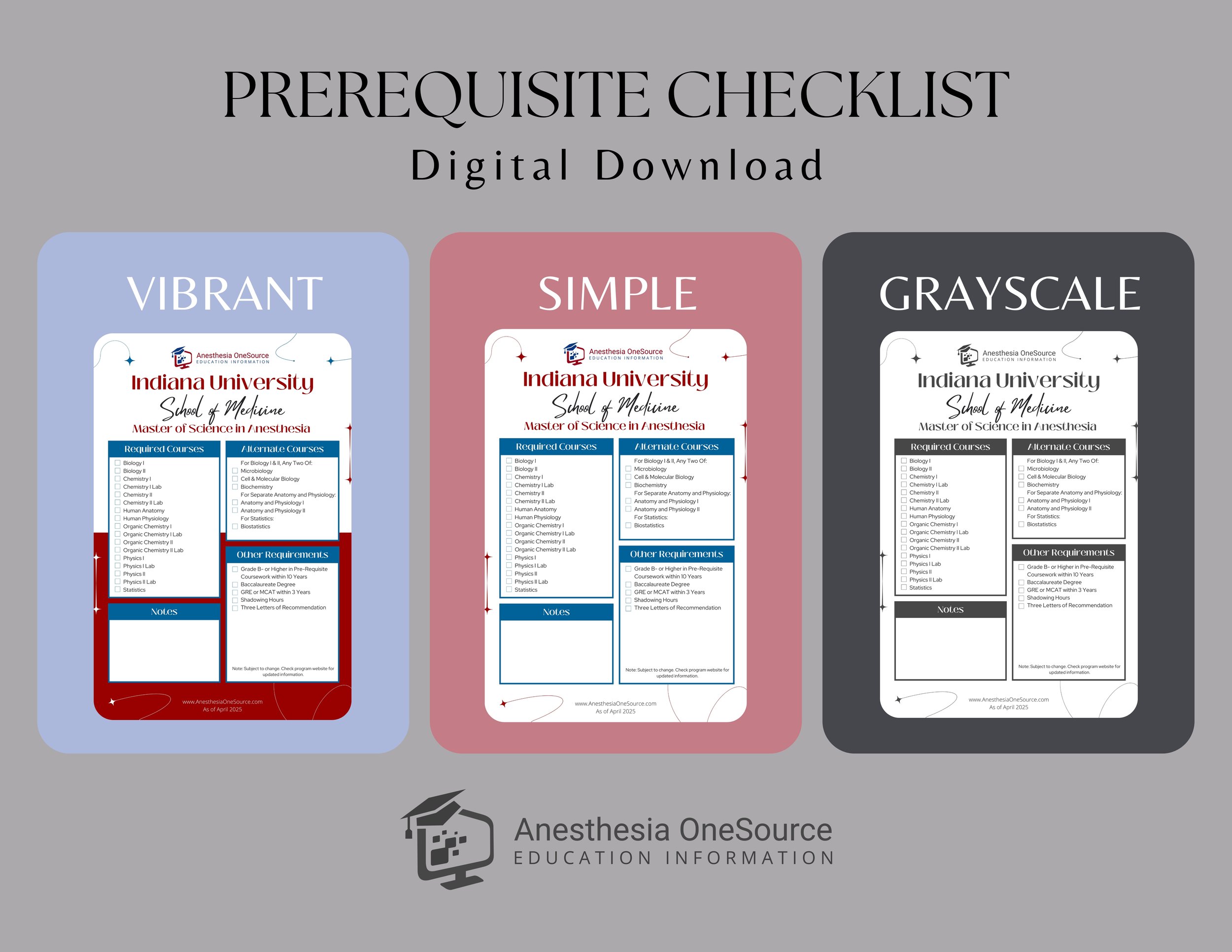Indiana University School of Medicine Anesthesiologist Assistant Prerequisite Checklist