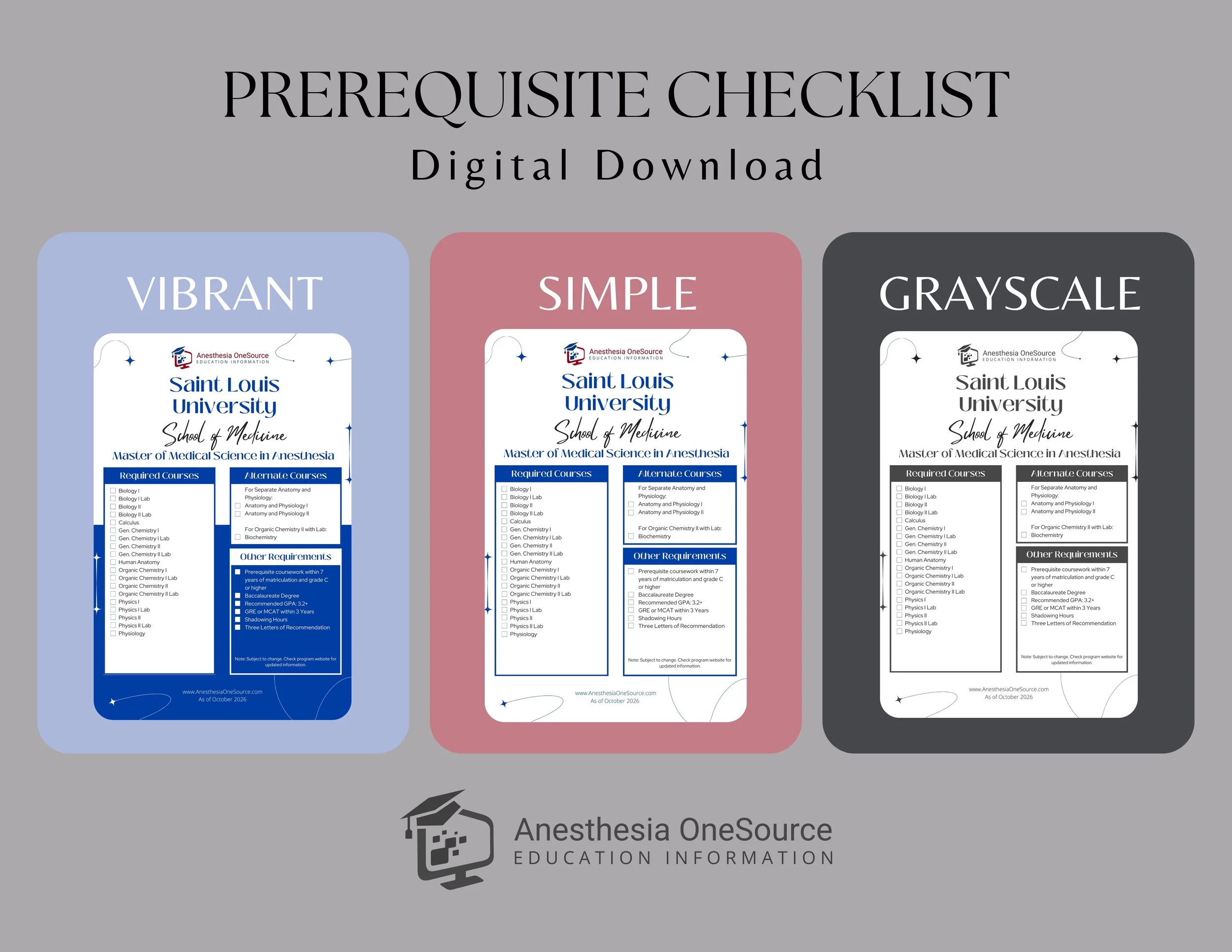 Saint Louis University Anesthesiologist Assistant Prerequisite Checklist