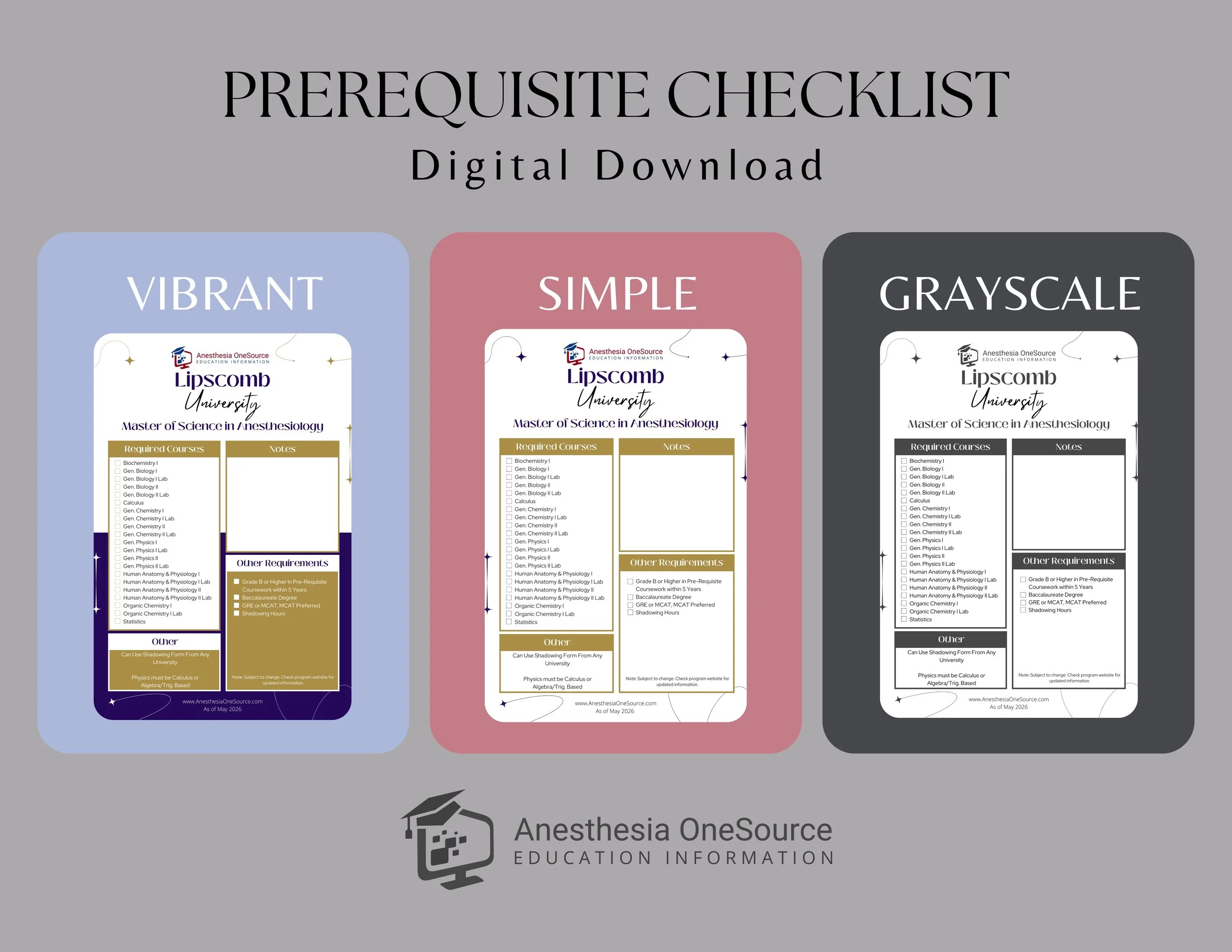 Lipscomb University Anesthesiologist Assistant Prerequisite Checklist