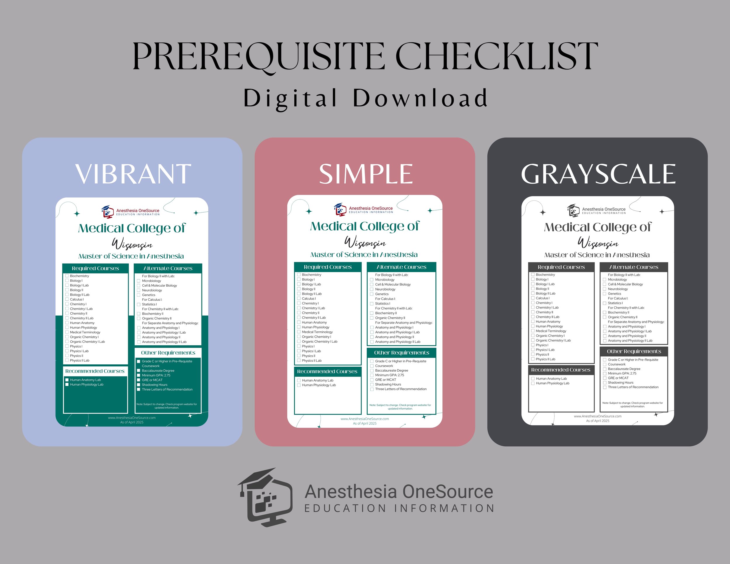 Medical College of Wisconsin Anesthesiologist Assistant Prerequisite Checklist