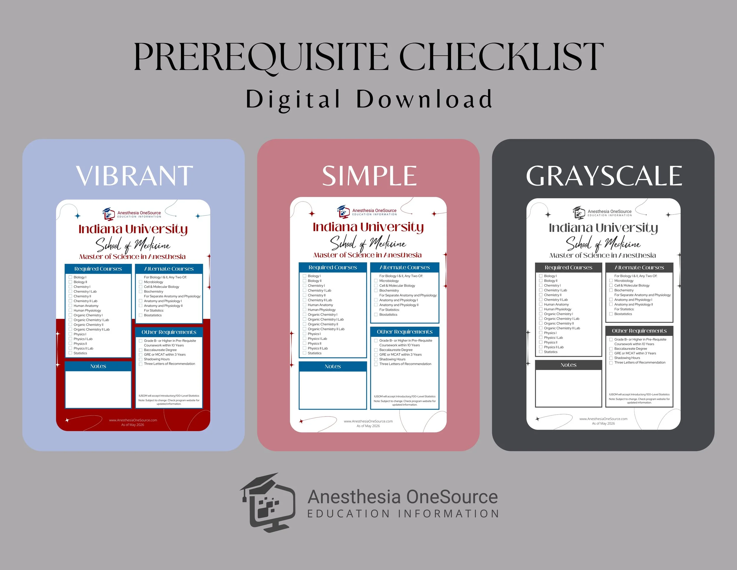 Indiana University School of Medicine Anesthesiologist Assistant Prerequisite Checklist