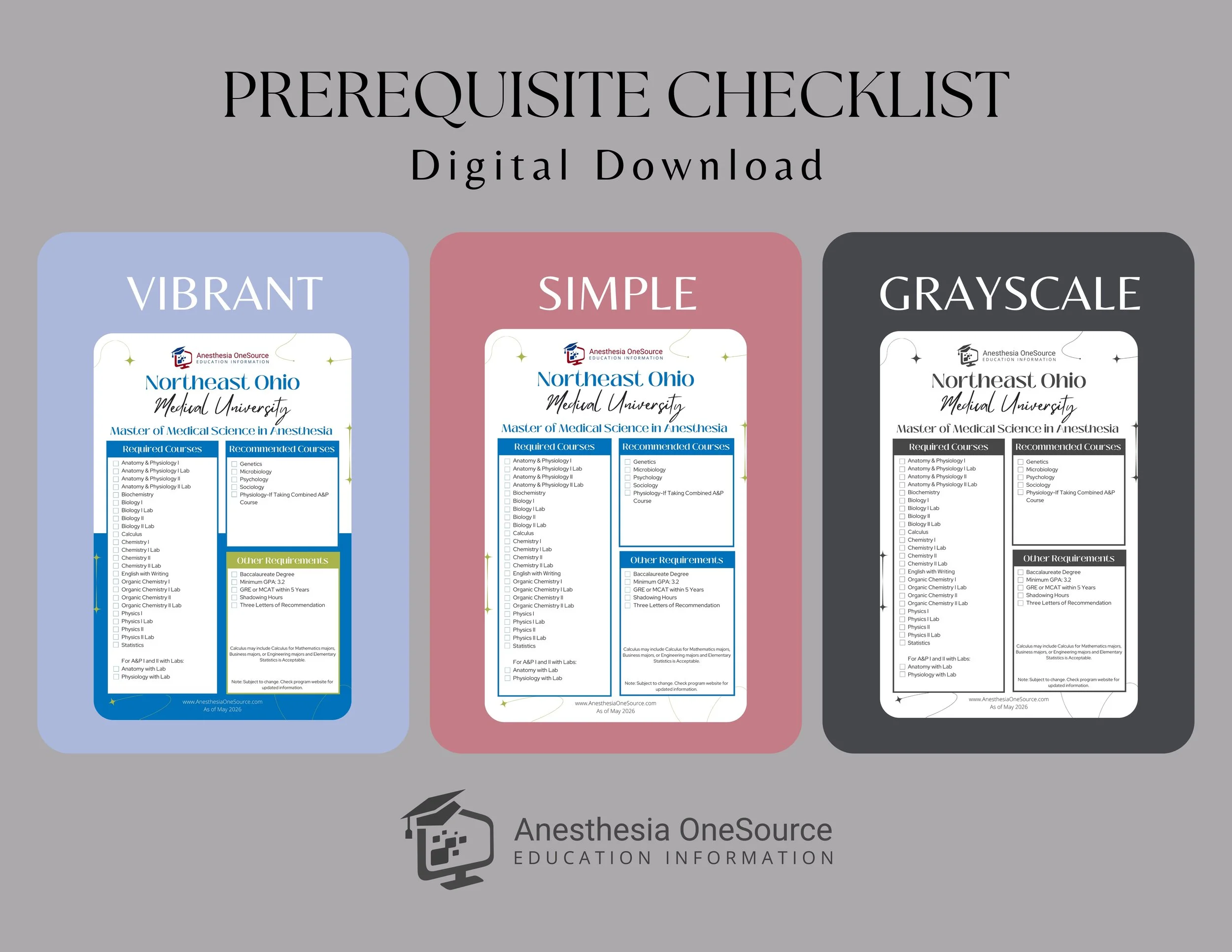 Northeast Ohio Medical University Anesthesiologist Assistant Prerequisite Checklist