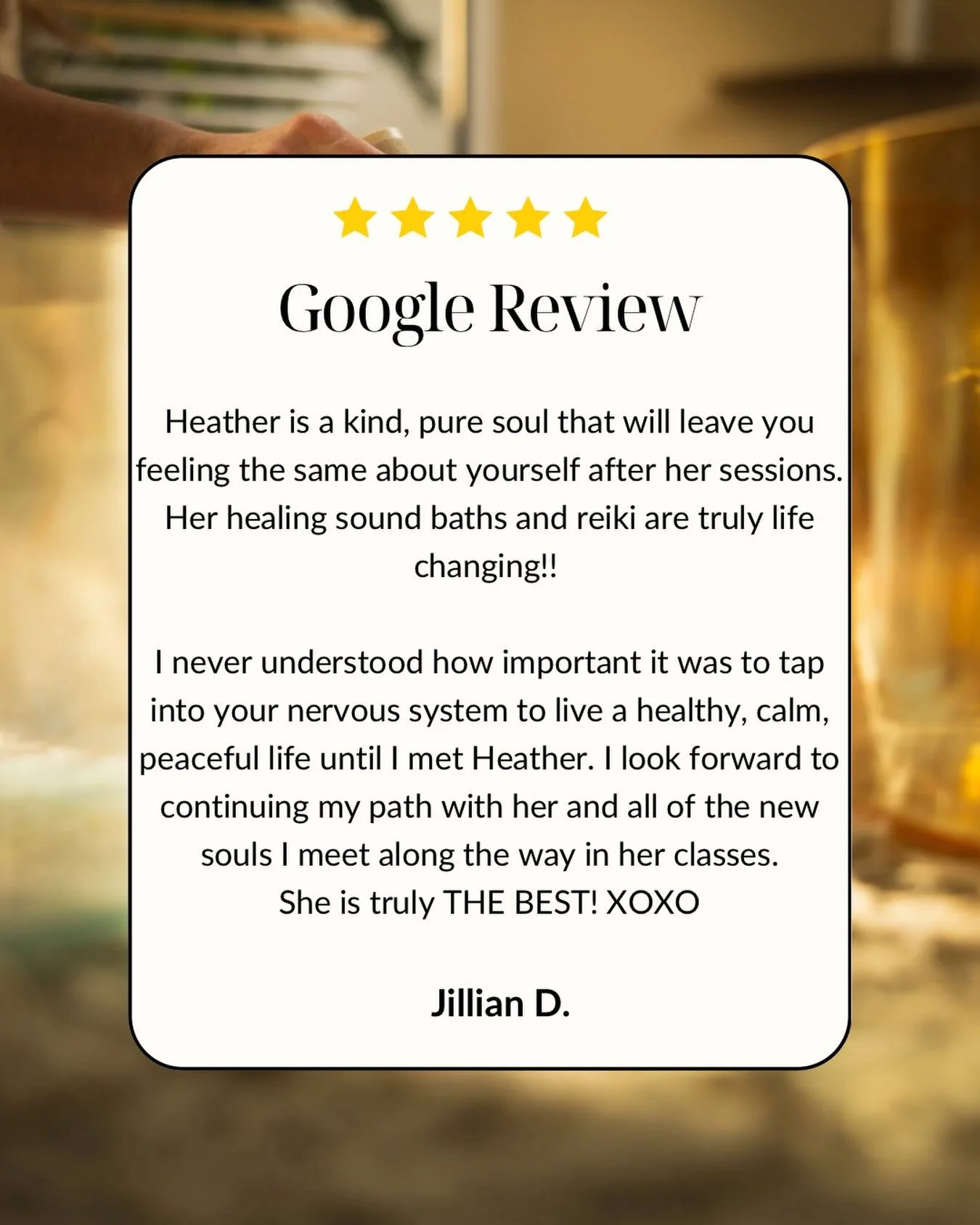 When I walked in from my day job and read this review, I had tears in my eyes and the biggest smile on my face.
 Moments like this remind me why I do this work.

Thank you, Jillian, for your trust, your openness, and your beautiful heart. Holding spa