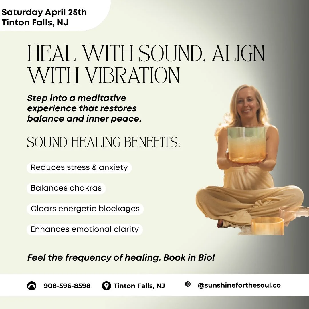 Spring Sound Bath in Tinton Falls, NJ 
Saturday, April 25th &bull; 12:30&ndash;1:30 PM
 Take an hour to let your nervous system exhale as I guide you through a restorative sound bath with crystal bowls, crystal harp, ocean drum, chimes and more. Mats