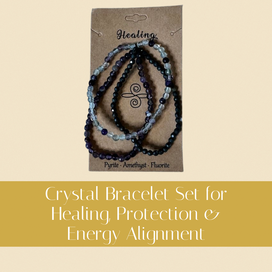 Crystal Bracelet Set for Healing, Protection & Energy Alignment – Pyrite, Amethyst & Fluorite