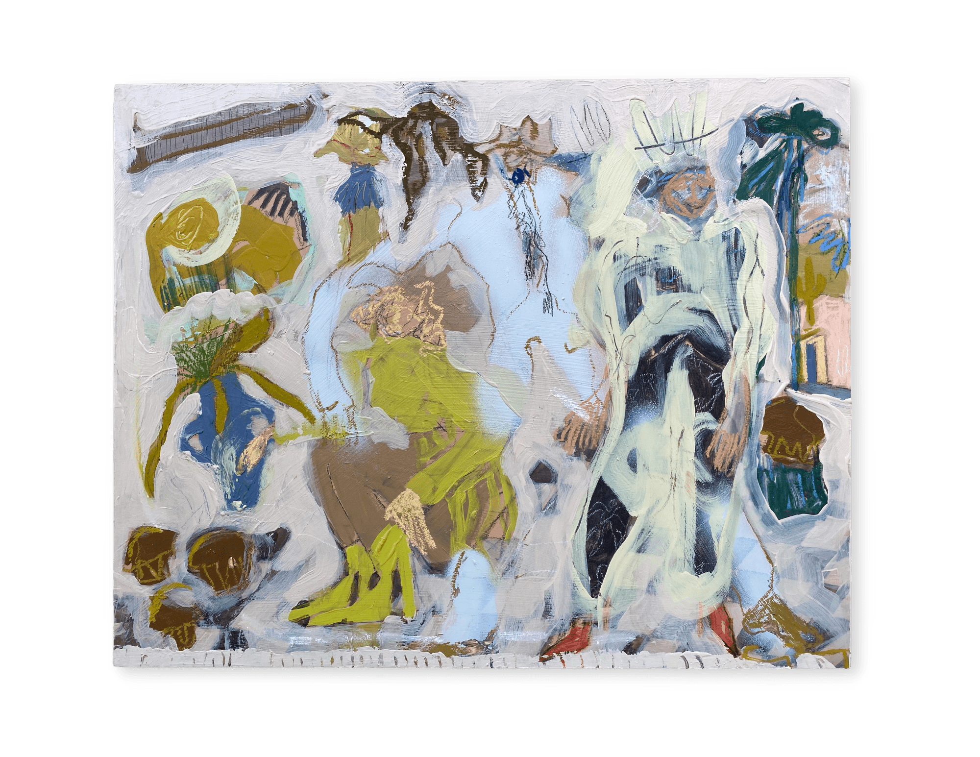 Someone's Left us Muffins  2022, 16 X 20" Acrylic, oil stick, spray paint, soft pastel, ink, and graphite on panel