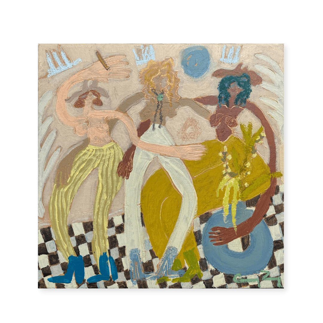 On a School Night?  2022, 12 X 12" Oil stick, acrylic, soft pastel, ink, and graphite on canvas