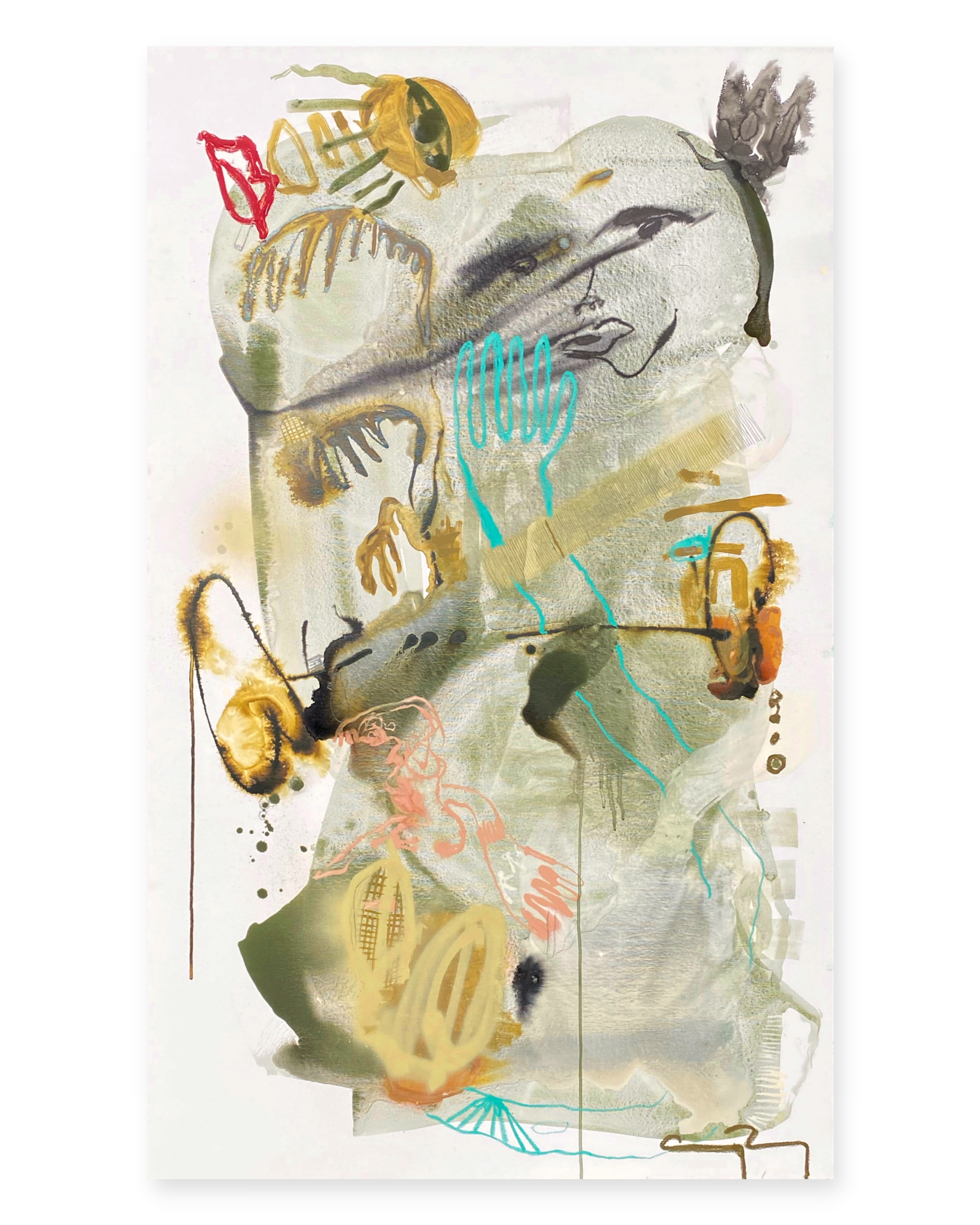 Jack of all Trades  2023, 36 x 60” Acrylic, oil stick, ink, coffee, and charcoal on paper