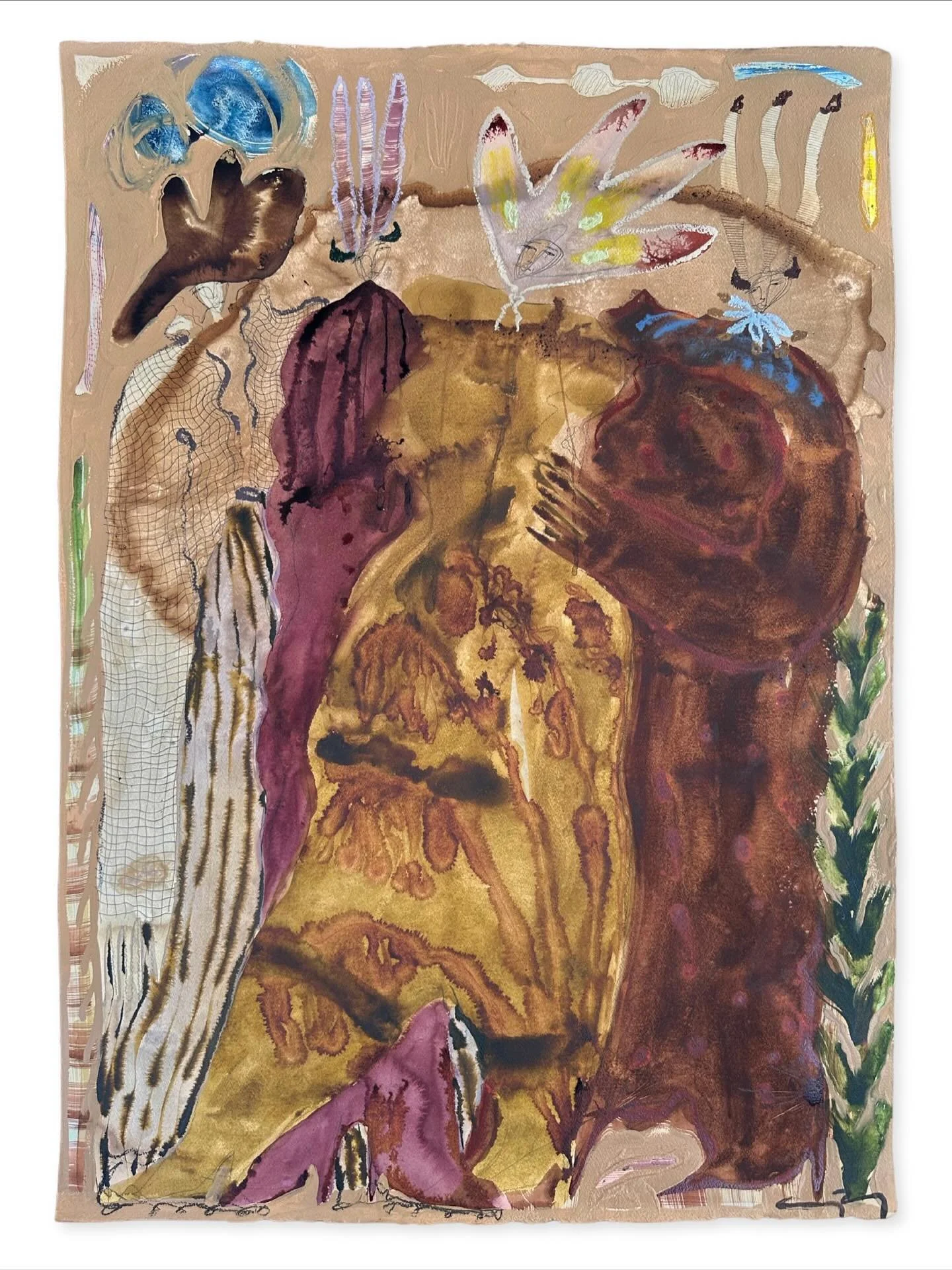 ‘Aged Insight’ 29.5 x 41” 
Coffee, ink, watercolor, acrylic and oil stick on 300lb cold-pressed paper
(Sold)
From series No. 6 with @tappancollective