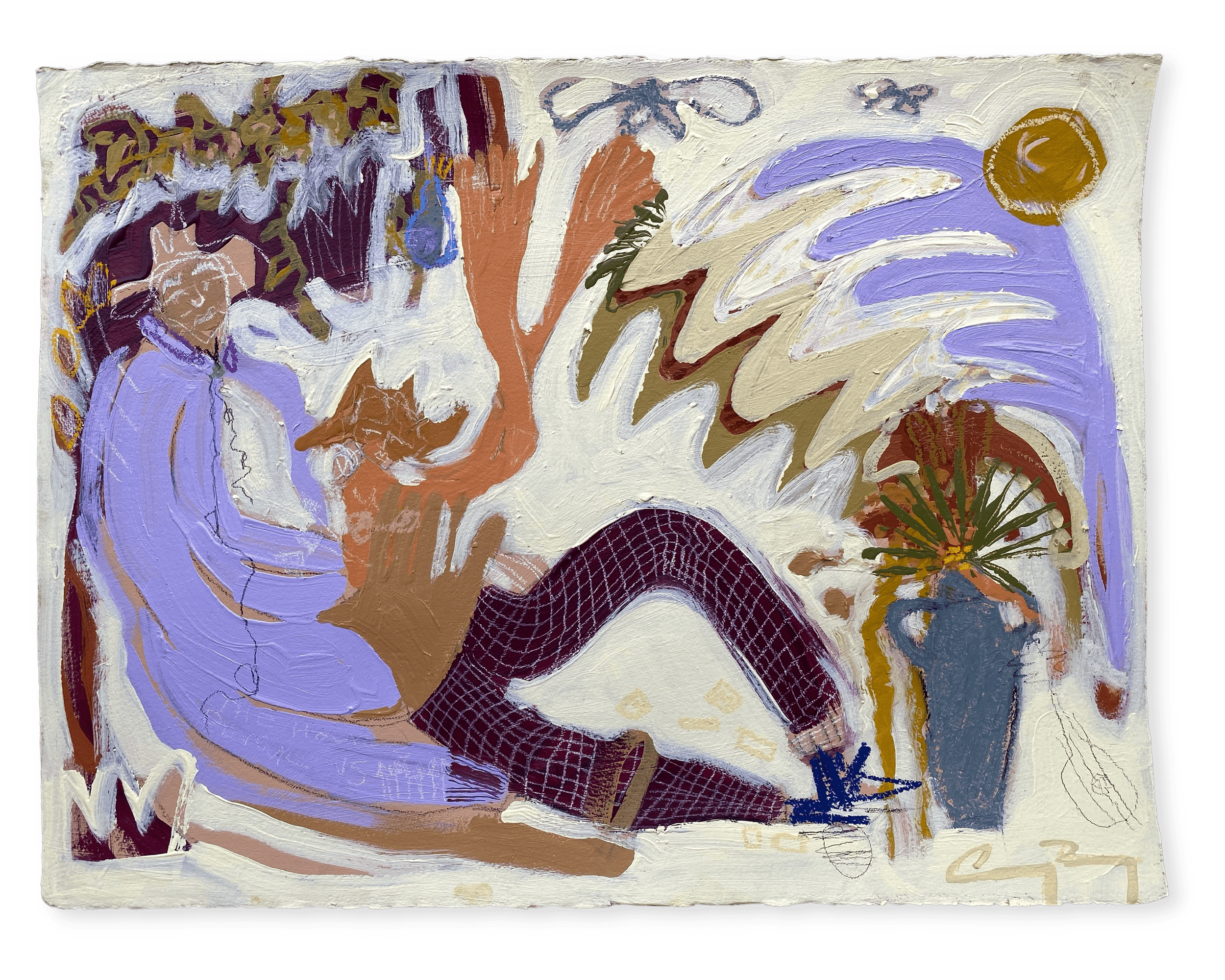 Cheering on the Trees  2022, 23 x 30” Acrylic, oil stick, spray paint, soft pastel, ink, coffee and charcoal on paper