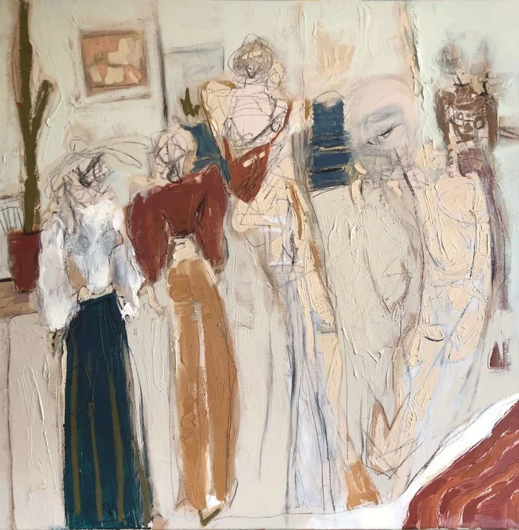 Blue Couch Lounge  2019, 24 x 24” Oil, oil stick, acrylic + charcoal on canvas