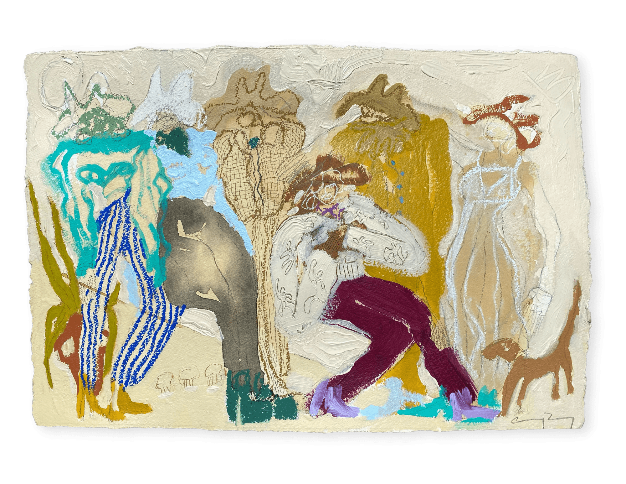 The Mind Livers  2022, 23 x 15” Acrylic, soft pastel, oil stick, ink, coffee, spray paint, and charcoal on paper