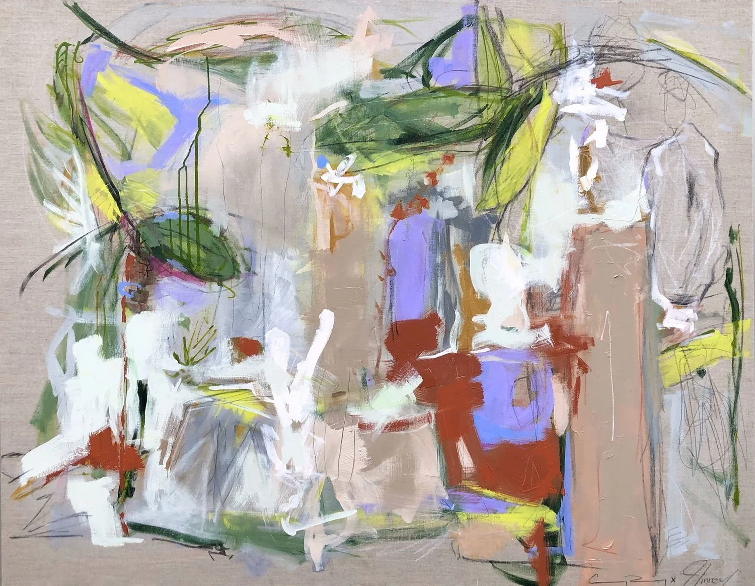 Woman in the Wild  2019, 40 x 60” Oil stick, acrylic + charcoal on natural linen canvas collaborative piece with janie pinney