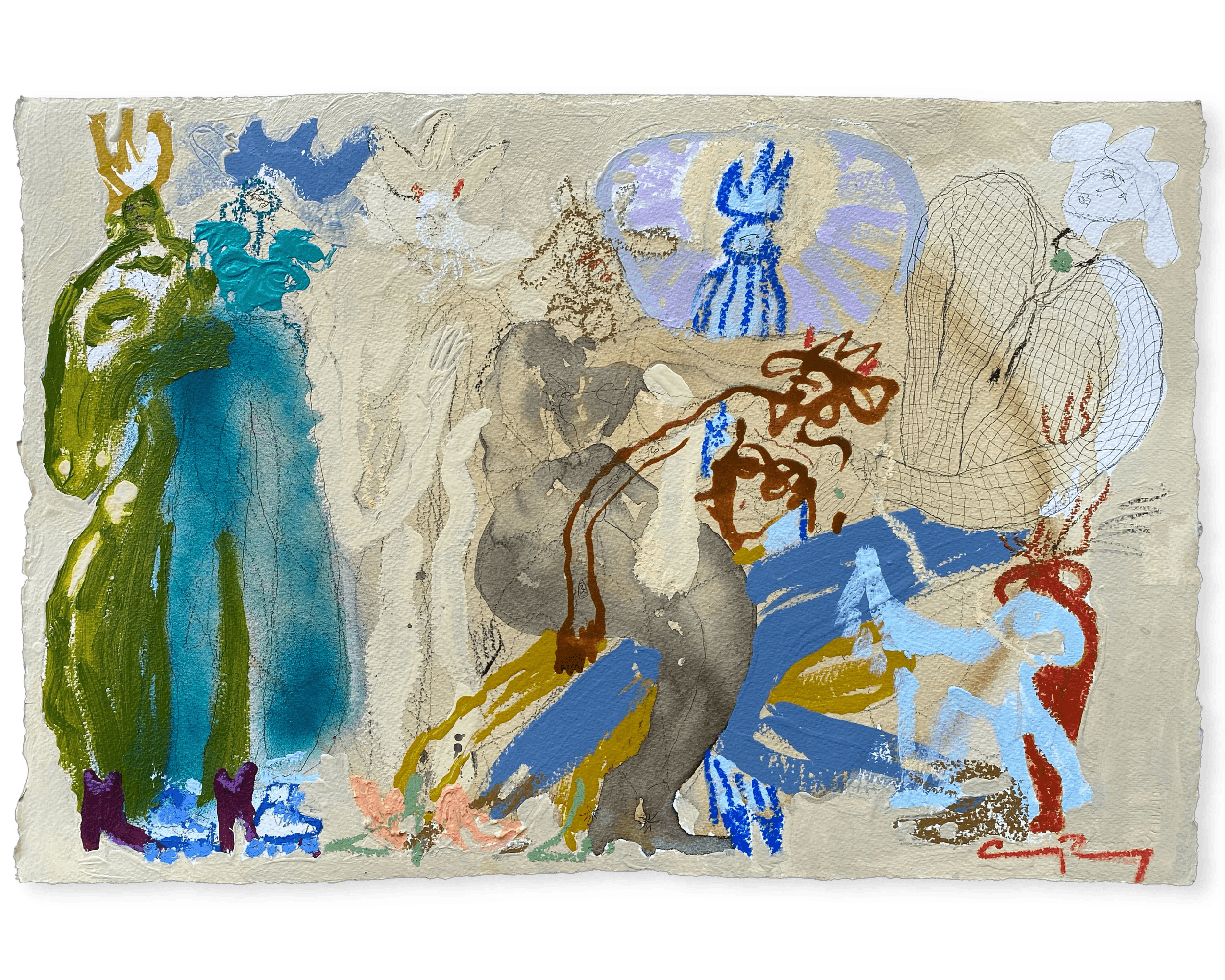 Justine: the Roller Skate Queen  2022, 23 x 15” Acrylic, soft pastel, oil stick, ink, coffee, spray paint, and charcoal on paper