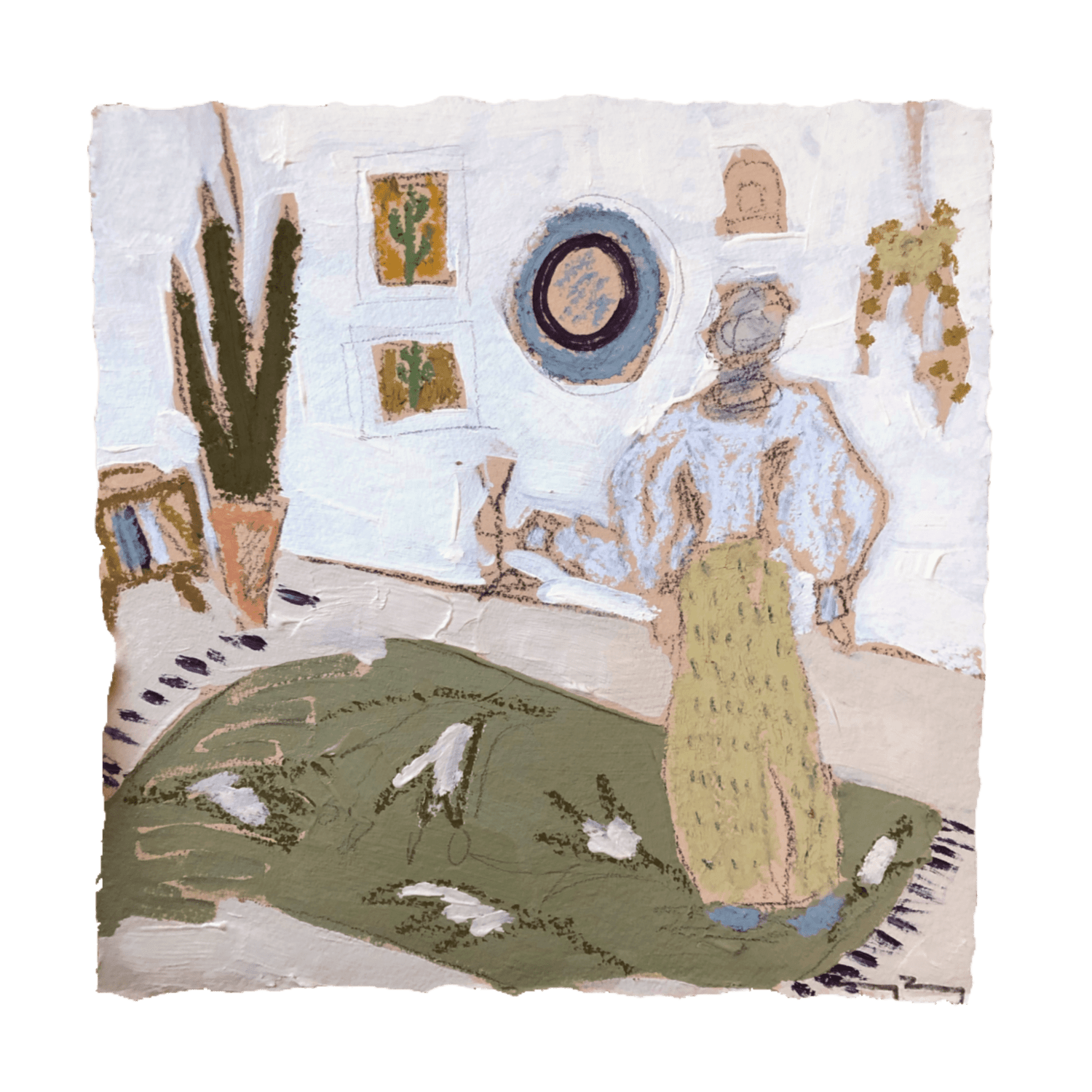 Green Rug  2017, 10 x 10” Oil, acrylic + charcoal on paper