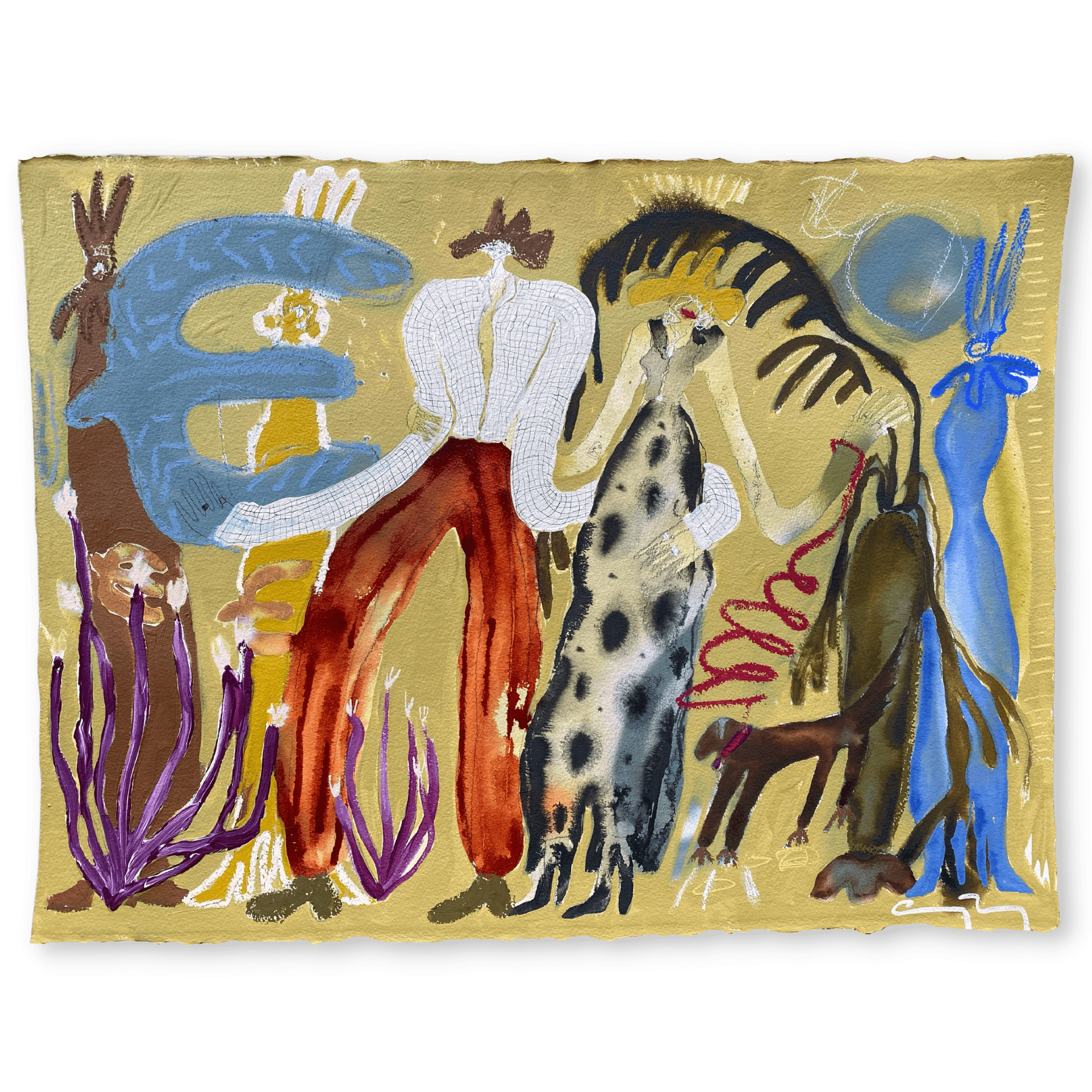 Bird Chaser  2022, 23 x 30” Acrylic, oil stick, spray paint, ink, graphite and charcoal on cold-pressed paper