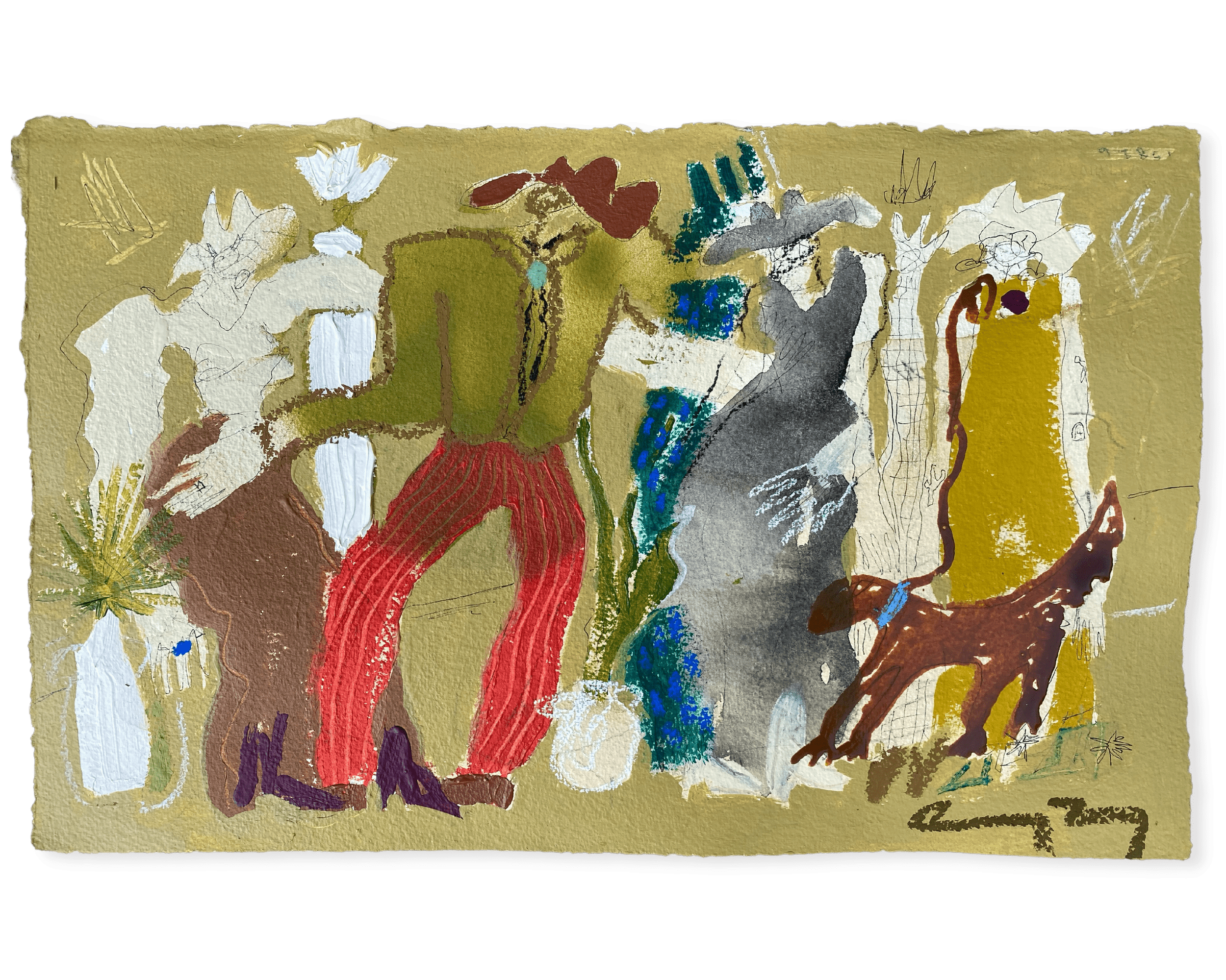 Cool Girl/Pool Girl   2022, 11.5 x 18” Acrylic, spray paint, oil stick, pastel, ink, graphite, and coffee on paper