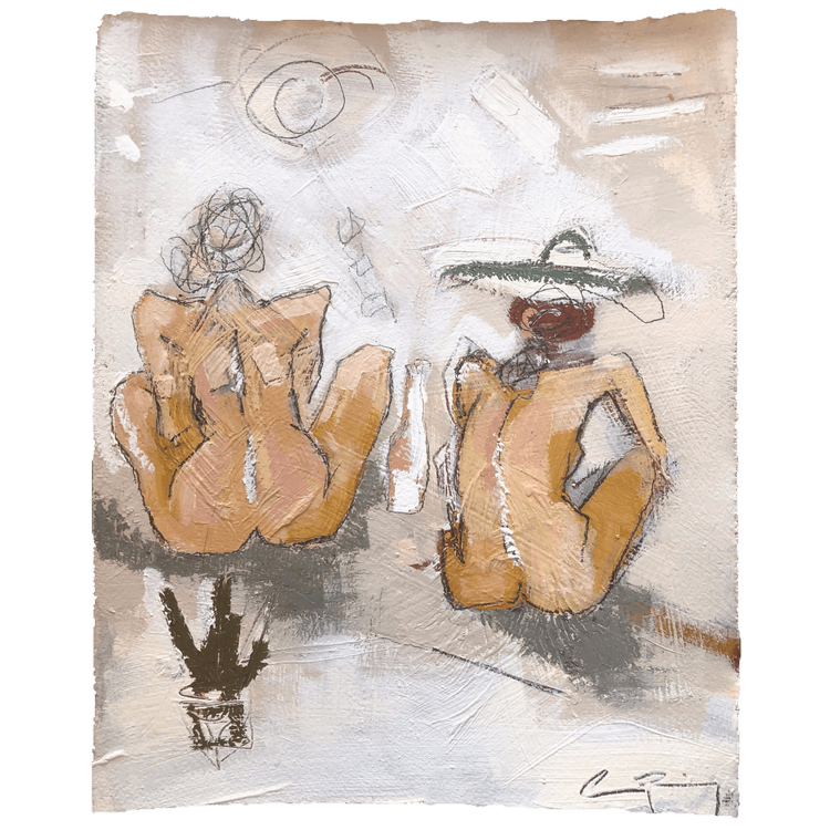 Two's Company  2017, 11x 14” Oil, acrylic + charcoal on paper