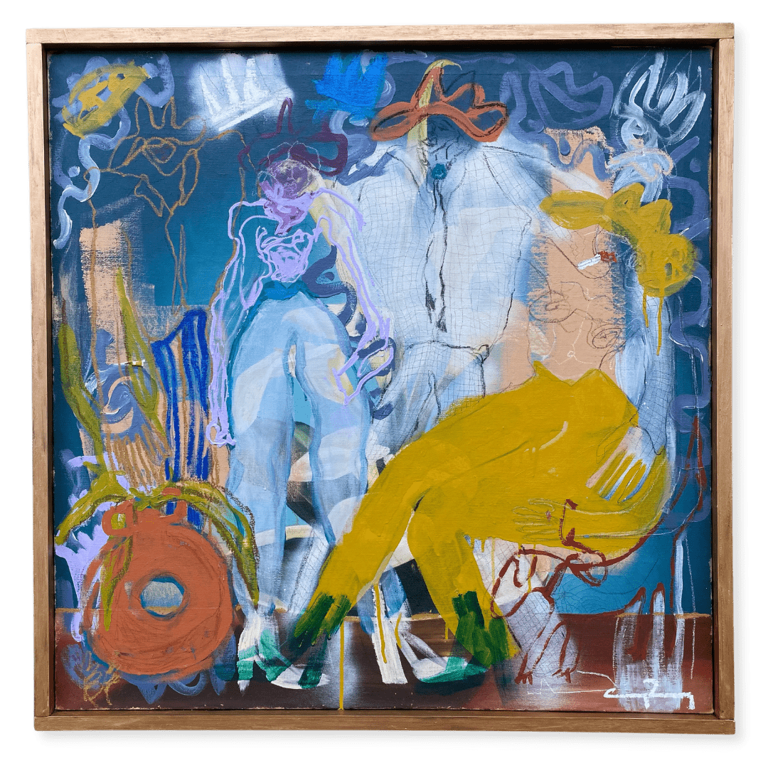 Done up in Blue Print Blue  2022, 12 X 12" Acrylic, oil stick, soft pastel, ink, and graphite on canvas