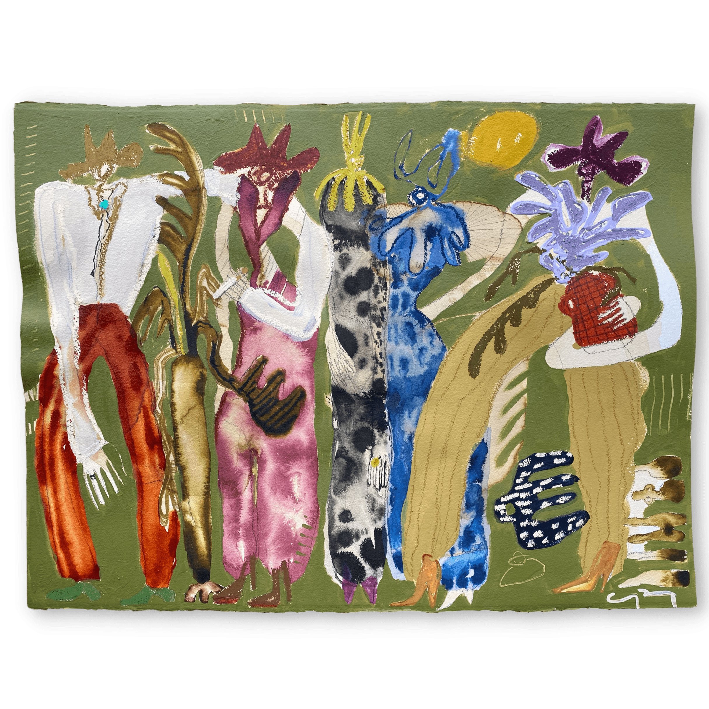 Bungalow Rules  2022, 23 x 30” Acrylic, oil stick, coffee, ink, graphite and charcoal on cold-pressed paper