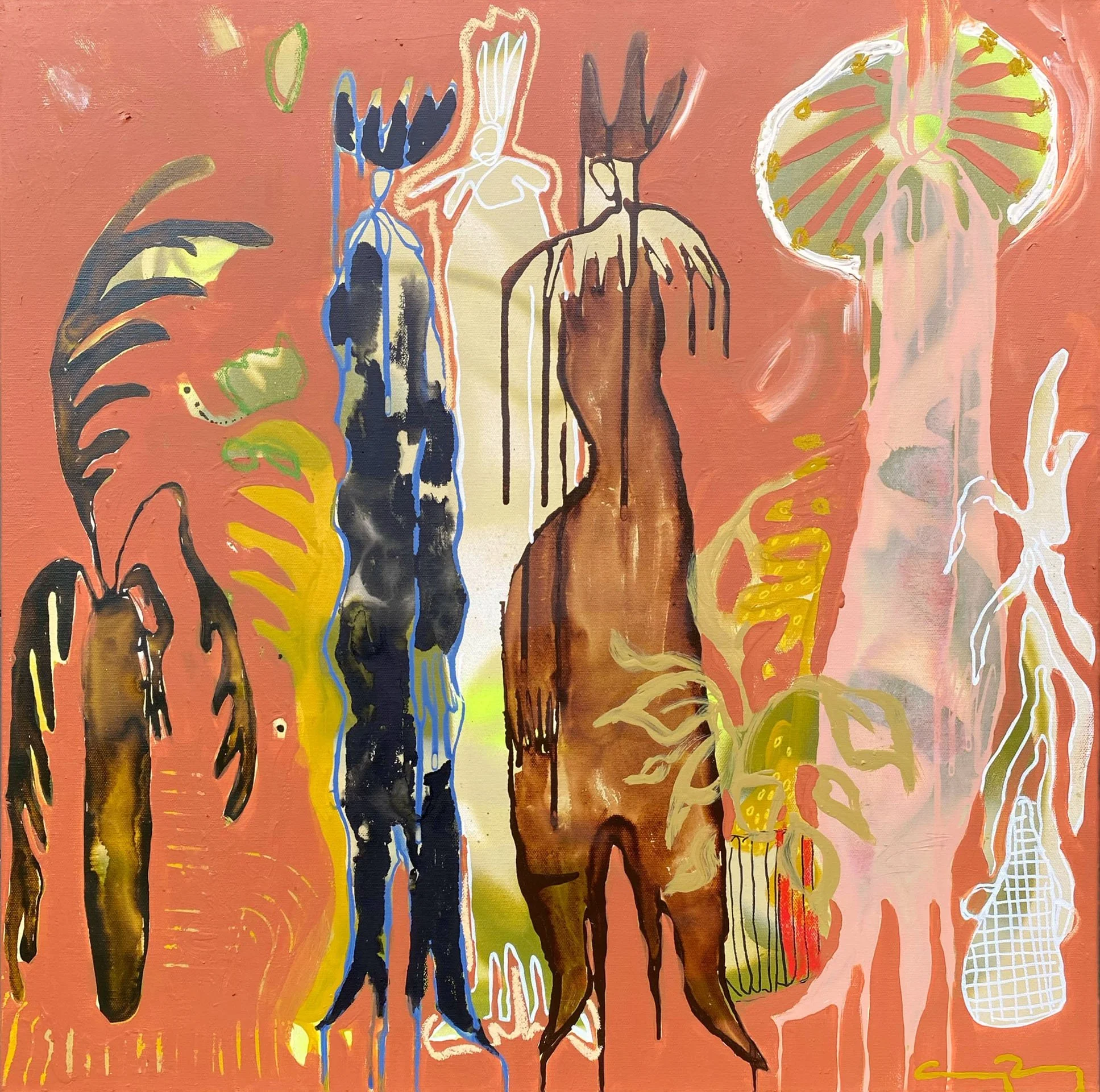 Mushwoman’s Entourage  2022, 24 x 24” Acrylic, oil bar, spray paint, ink, and soft pastel on canvas