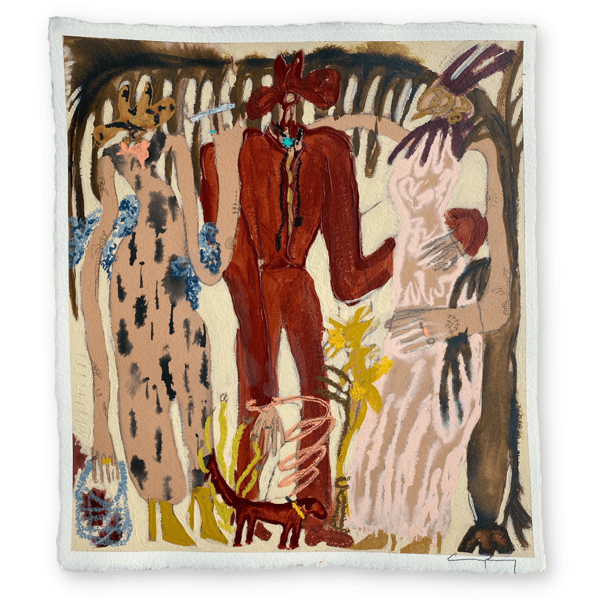 Not Into Bukowski  2022, 20.25 x 23” Acrylic, oil stick, ink, graphite and charcoal on cold-pressed paper