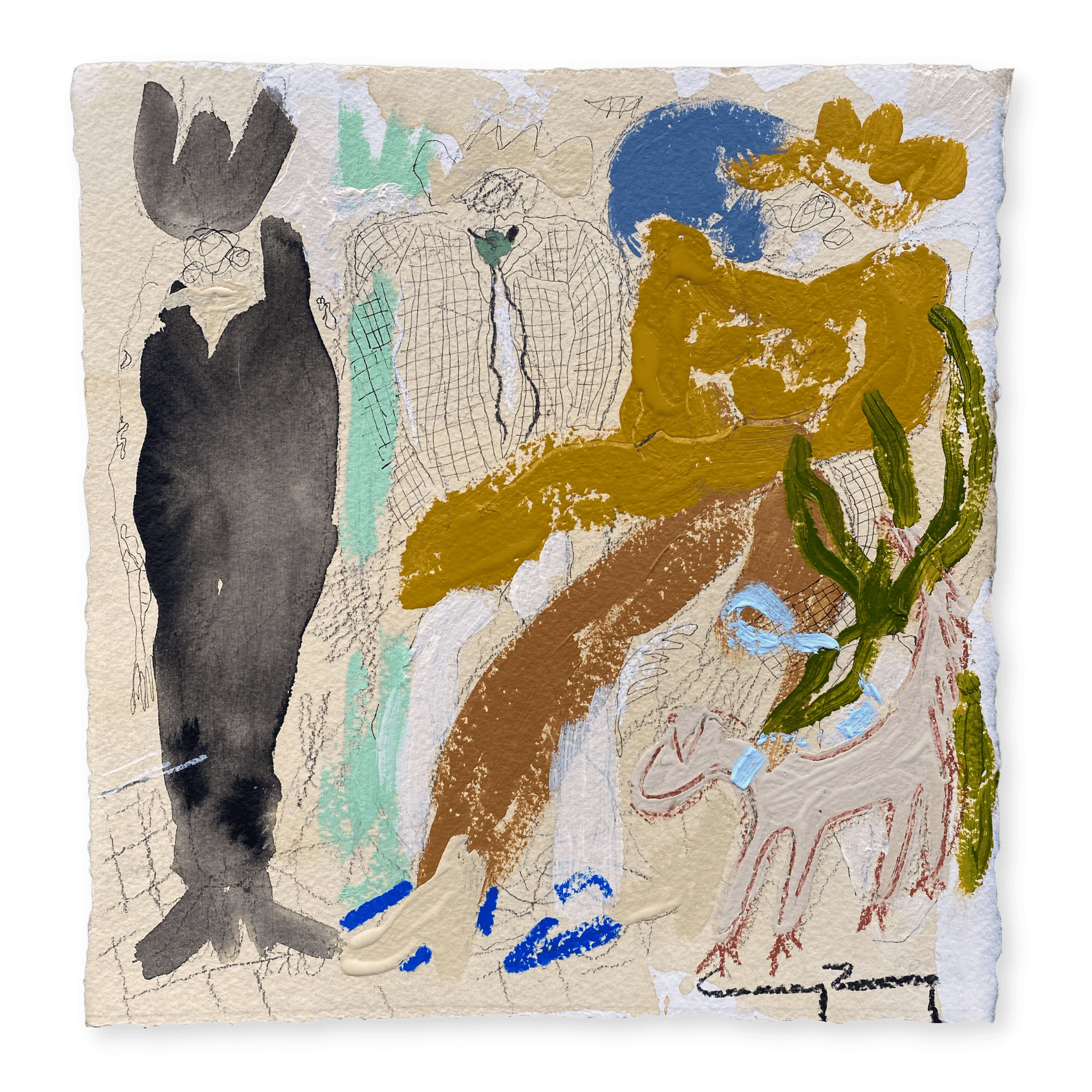 An Ode to Parsnips   2022, 11.5 x 12” Acrylic, coffee, oil stick, ink, and charcoal on paper