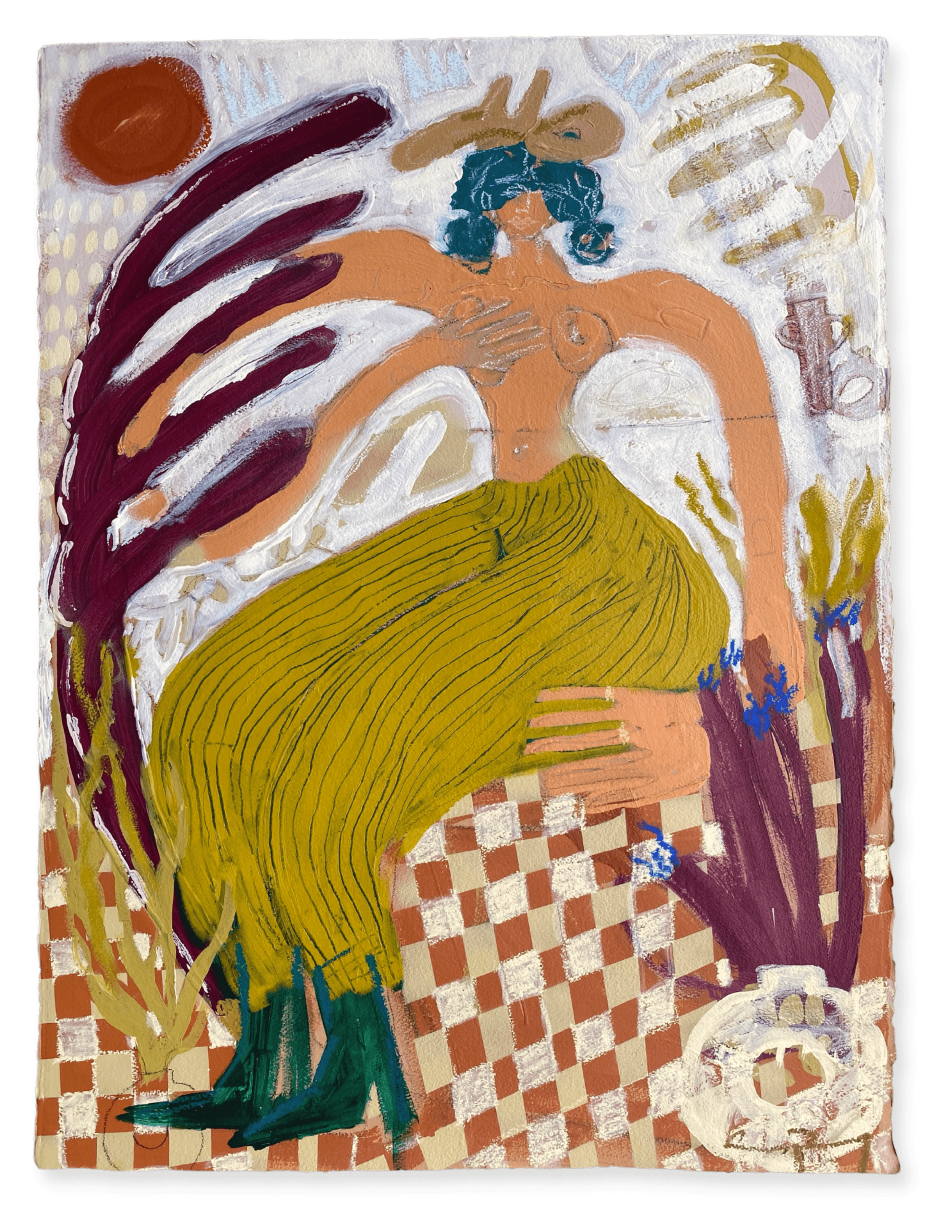 The Purplest Day of my Life  2022, 22 x 30” Acrylic, spray paint, oil stick, charcoal, and graphite on paper