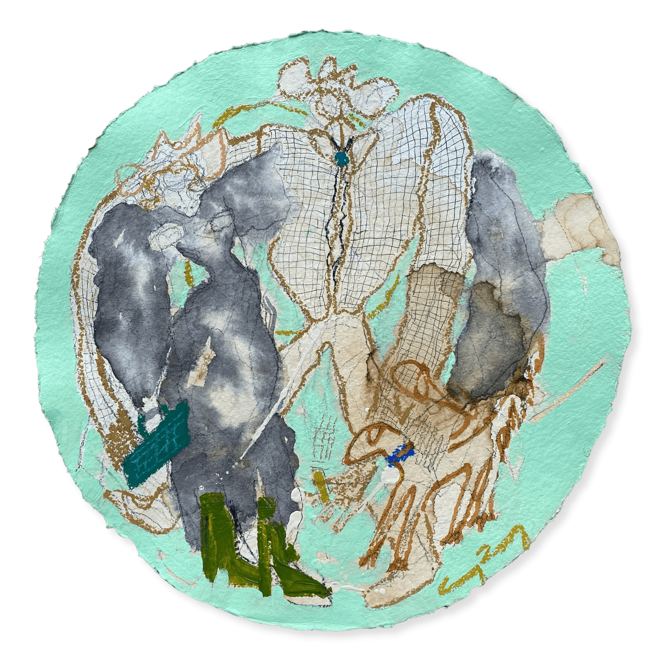 I Want to Roll With You  2022, 16” in diameter Acrylic, ink, oil stick, soft pastel, and coffee on paper