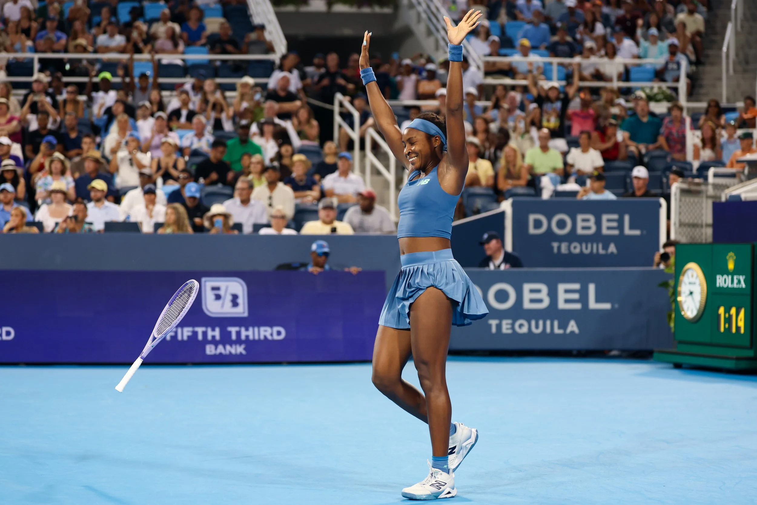 Coco Gauff of the United States reacts after winning the final round of the Cincinnati Open against Jessica Pegula at the Lindner Family Tennis Center on August 23, 2026 in Mason, Ohio. Kate Hua/Wick Photography for Cincinnati Open