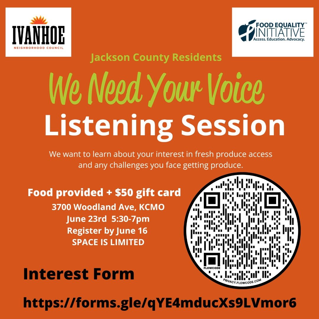 Join FEI and @ivanhoekcmo on June 23rd at 5:30 for a community listening session. Space is limited, so complete the interest form today. See you soon! @ivanhoefarmersmarketkcmo 
@ivanhoe_community_garden