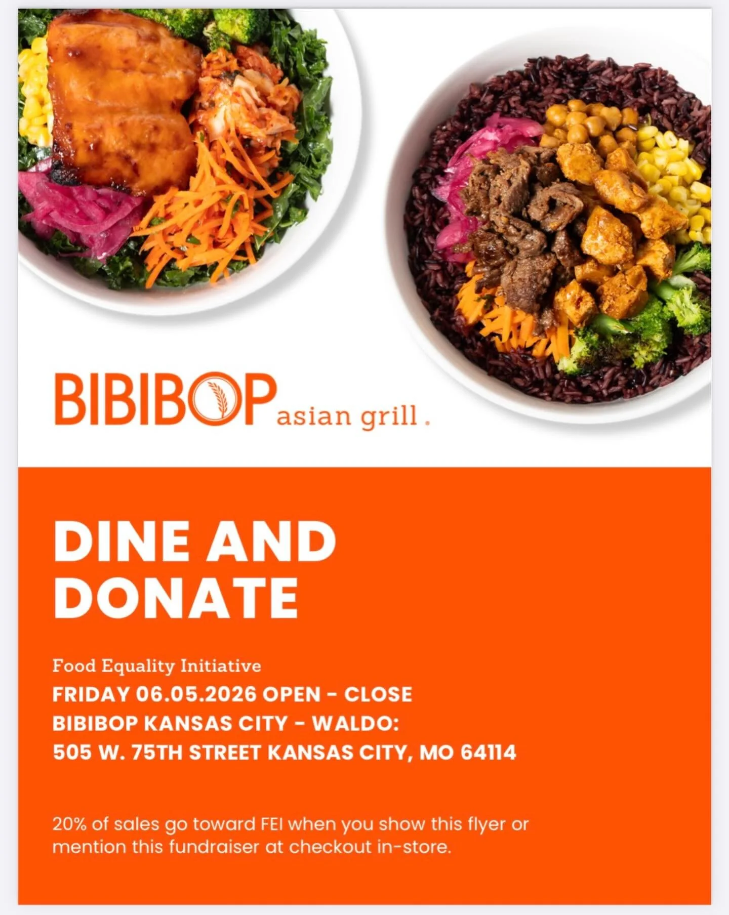 Enjoy a fabulous meal and do good at the same time! On June 5, show this image at BIBIBOP when you order and they&rsquo;ll give 20% back to Food Equality Initiative! Offer good at 505 W 75th St KCMO 
Thank you for your support!