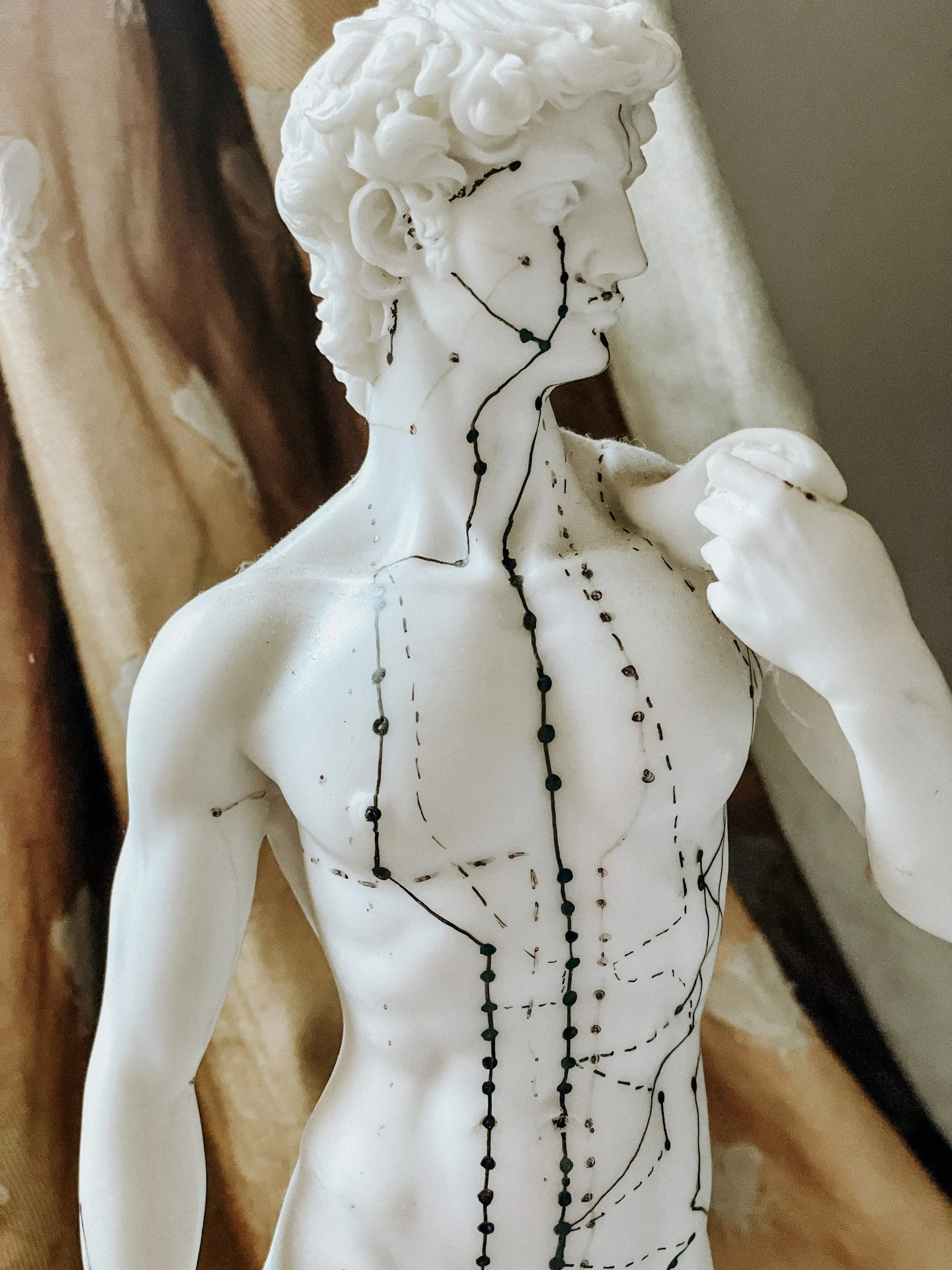A white sculpture of a male figure with detailed facial features and curly hair, displaying several acupuncture or medical wire markings on the body and face.