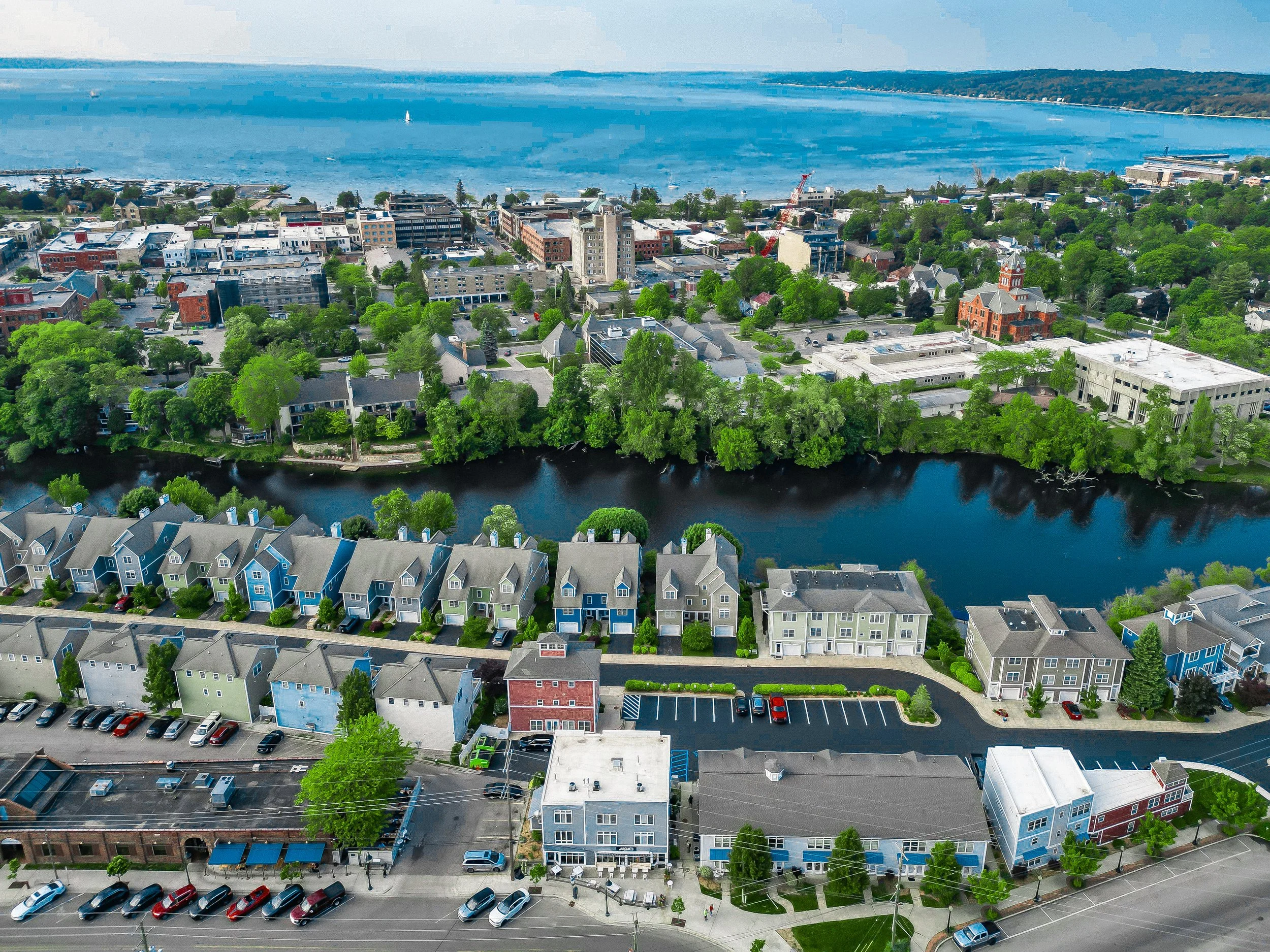 Traverse City drone shot of the Grand Traverse, West Bay, Downtown