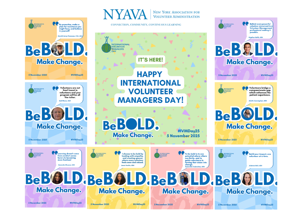Collage of nine posters celebrating International Volunteer Managers Day with the theme 'Be BOLD. Make Change.' dated November 5, 2025. The posters feature quotes, colorful backgrounds, and photos of diverse individuals.