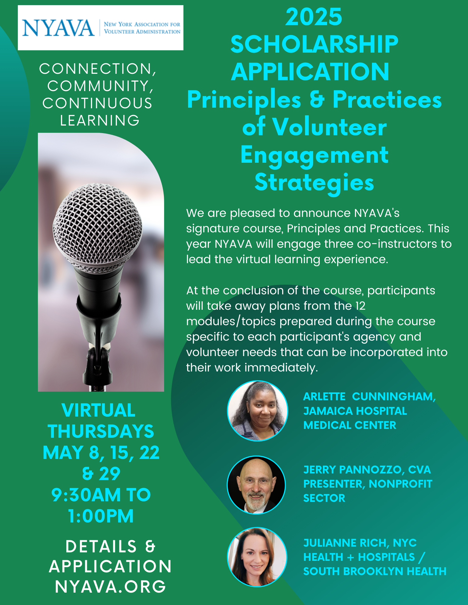 Flyer for 2025 NYAVA scholarship application on volunteer engagement strategies, virtual events on May 8, 15, 22, 29 from 9:30 AM to 1:00 PM, includes photo portraits of three speakers and information about courses and registration at nyava.org