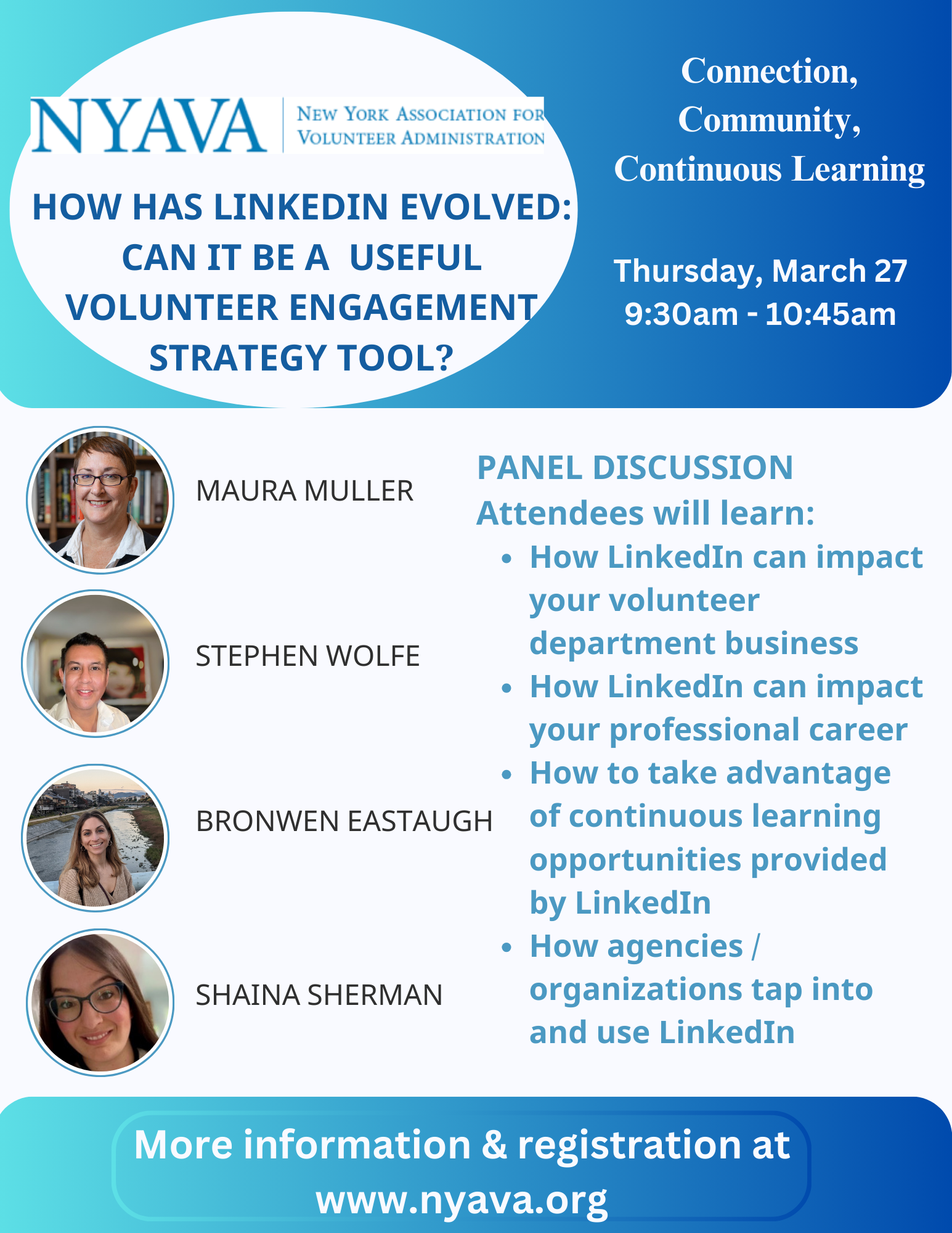 Flyer for a LinkedIn-focused event hosted by NYAVA, featuring panelists Maura Muller, Stephen Wolfe, Bronwen Eastaugh, and Shaina Sherman, scheduled for Thursday, March 27, from 9:30 am to 10:45 am. The flyer highlights learning objectives about Link