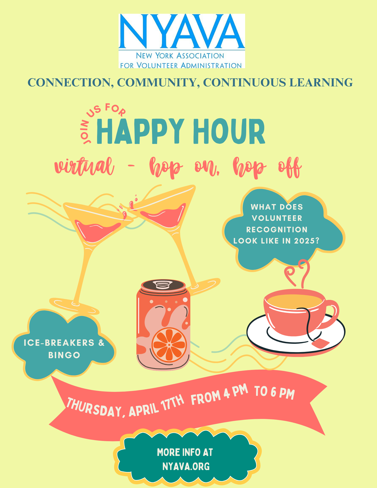 Flyer for NYAVA virtual Happy Hour event with illustrations of two cocktails, a can with a citrus slice, a steaming cup of tea, and text details about the event on April 17th from 4 to 6 pm, including activities like ice-breakers and bingo, and a not