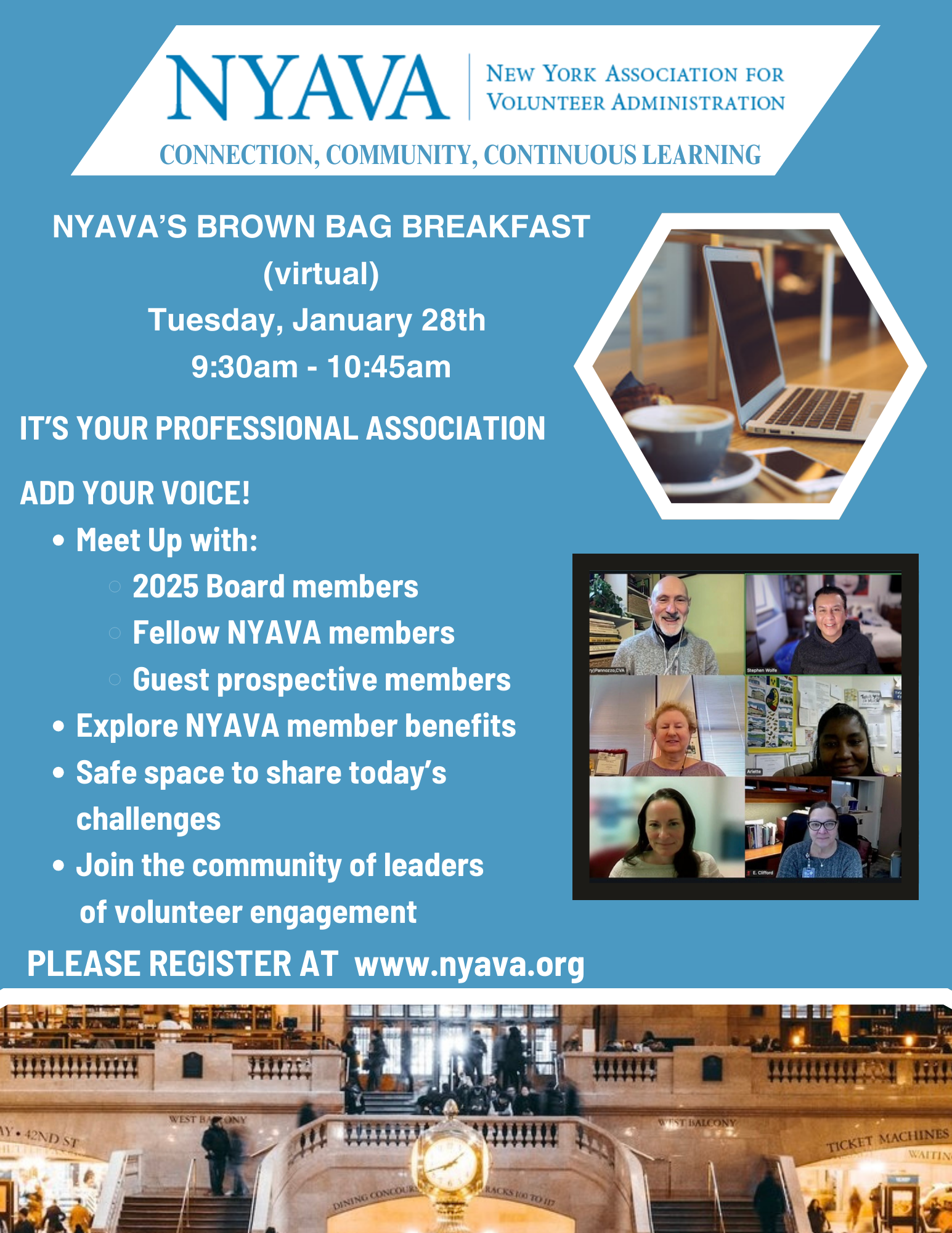 A flyer from the New York Association for Volunteer Administration (NYAVA) advertising a virtual event called NYAVA'S BROWN BAG BREAKFAST scheduled for Tuesday, January 28th from 9:30 am to 10:45 am. The flyer includes the NYAVA logo at the top, a qu