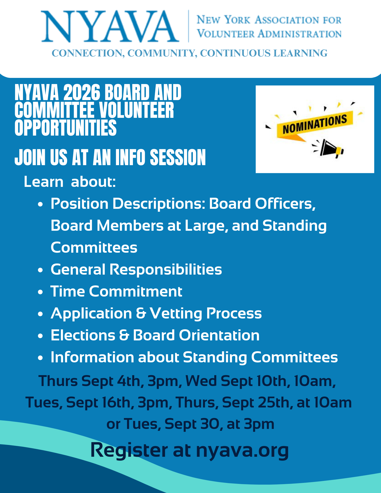 Flyer for NYAVA 2026 board and committee volunteer opportunities, featuring a blue background and an icon of a megaphone with 'NOMINATIONS' on it.
