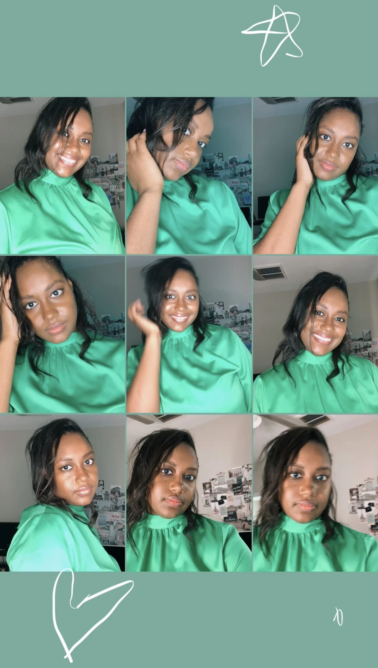 Collage of nine photos of a woman with dark hair in various poses, wearing a bright green satin blouse, with a bulletin board in the background.