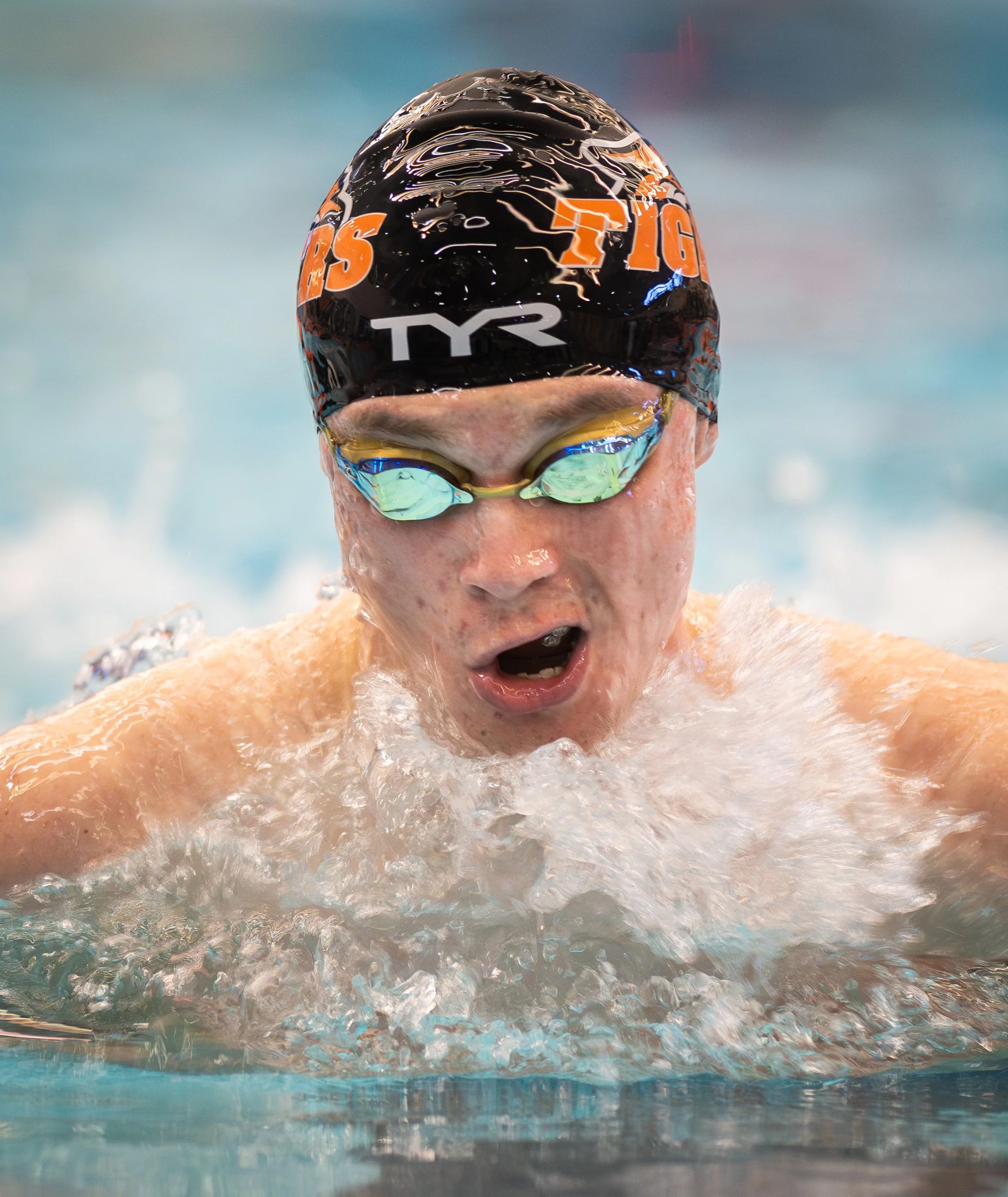 Kamden Keyes from Rochester Institute of Technology (RIT) competes in the 100 yard butterfly at the Don Richards Invitational  at the Judson Hale Aquatics Center in Rochester, N.Y. on Dec. 6, 2025. Keyes finished second in race with a time of 50.06 s