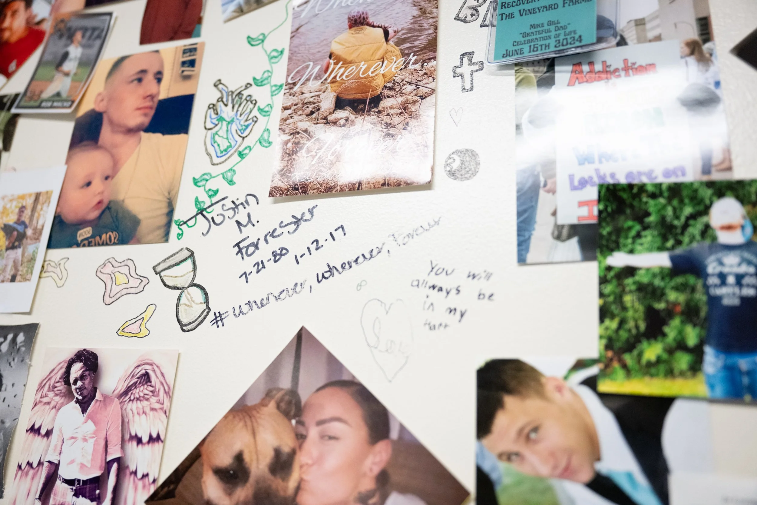 A detail of the wall of remembrance at RAW in on April 5, 2026. This is one of the walls in RAW that has pictures and notes commemorating volunteers or people who have obtained their services who have since passed away.