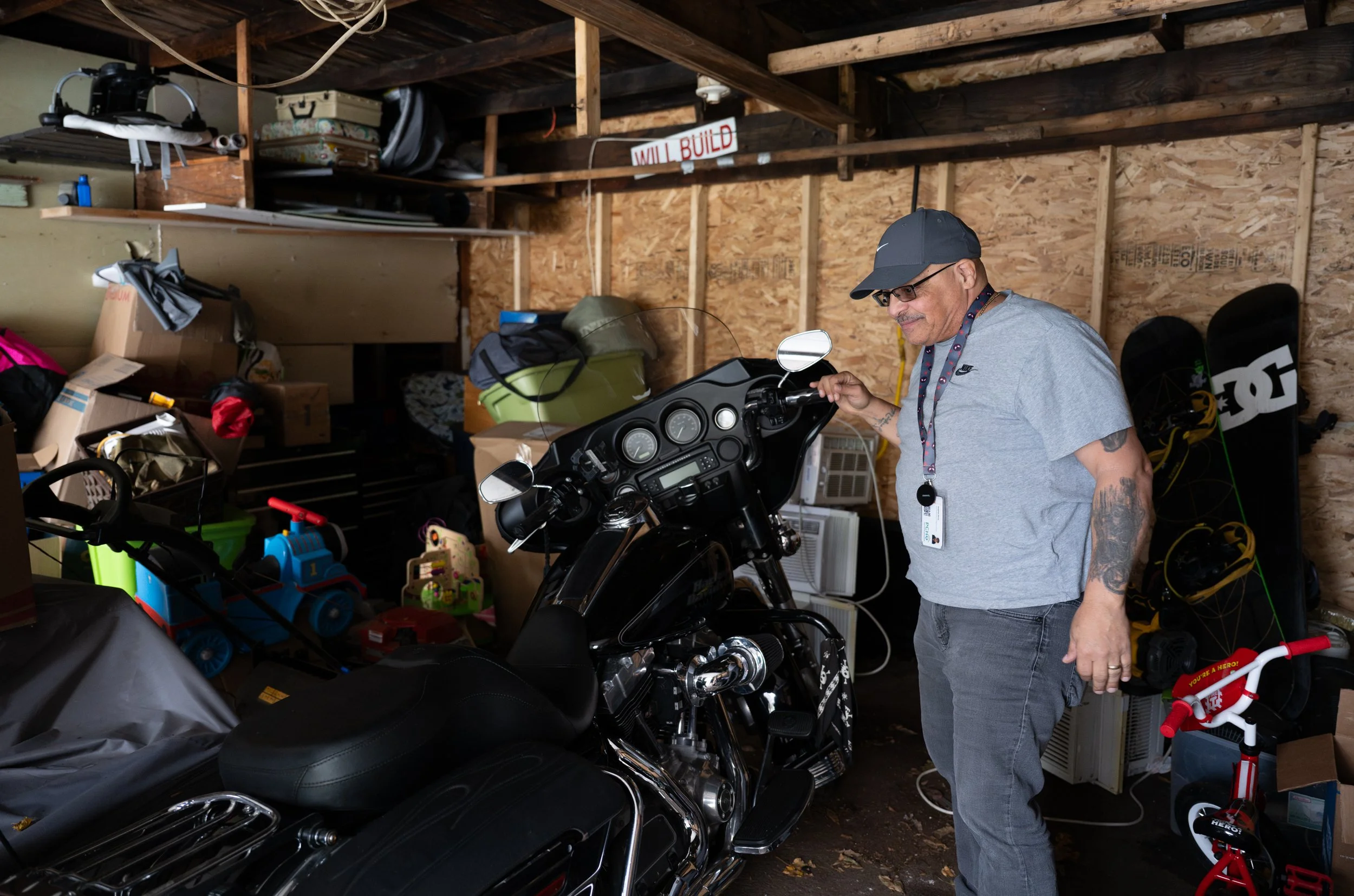 Stephen Rosa checks in on his motorcycle that's stored in his friends garage on April 17, 2026.