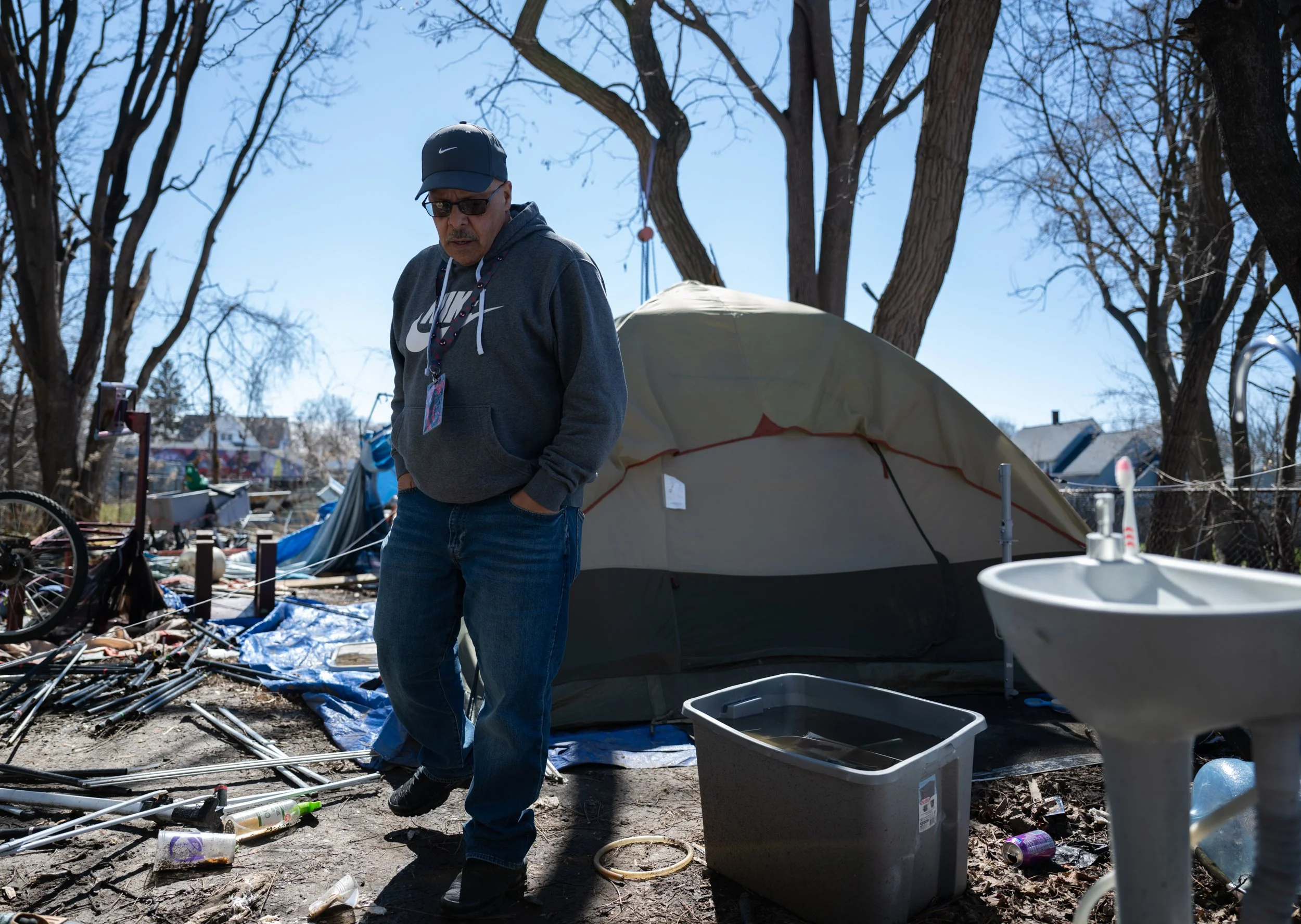 Stephen Rosa checks in on the campsite of his clients, Jenna and Dan Salamone on March 27, 2026. 